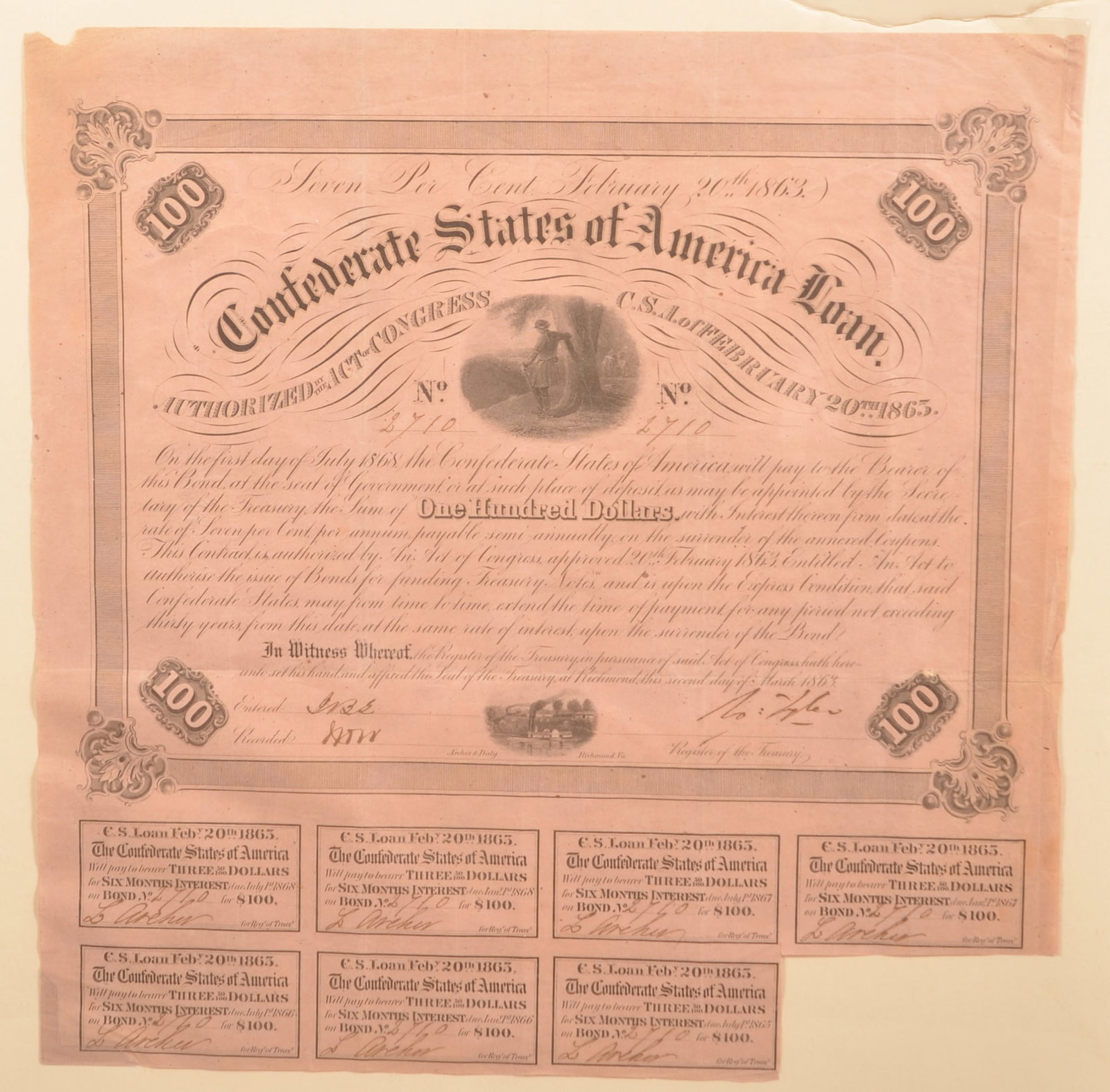 Confederate $100 Bond Certificate: C.S. Loan dated February 20th 1863, printed on dark pink paper, missing one coupon, normal signs of age, overall fair to good condition.
