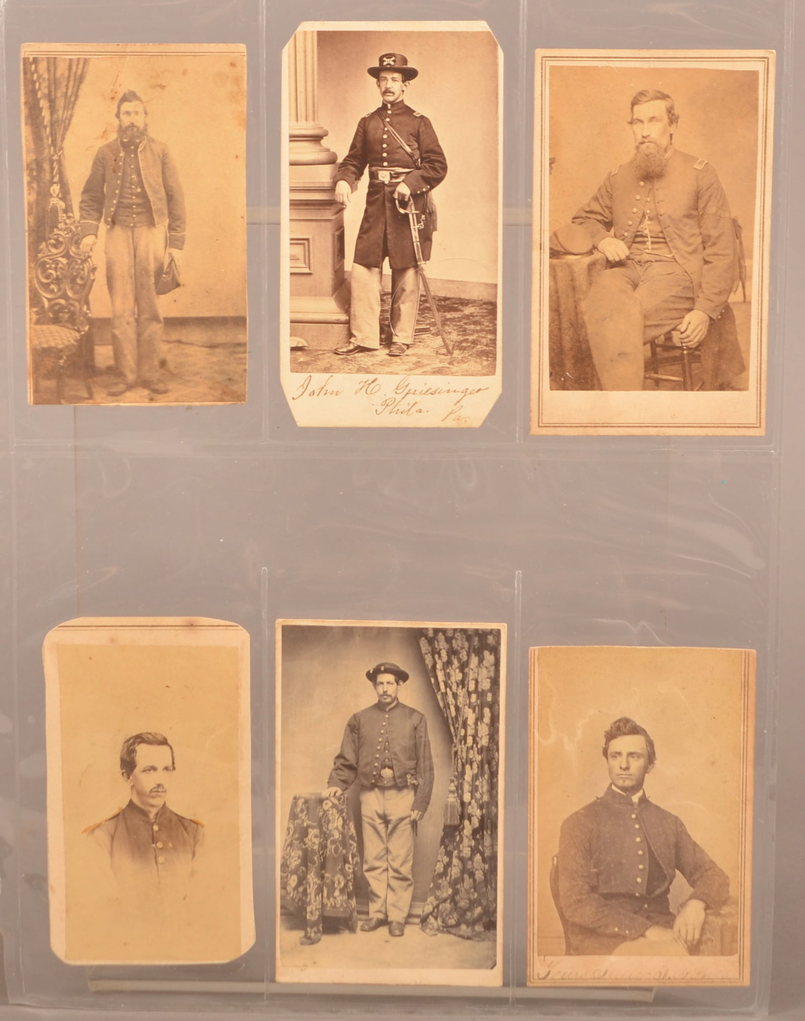 6 Identified CDV's of Pa. Union Soldiers: Each card has a handwritten information of name and rank of each soldier as well as their co. or regiment. Normal color toning and areas of light discoloration, overall fair to good condition.