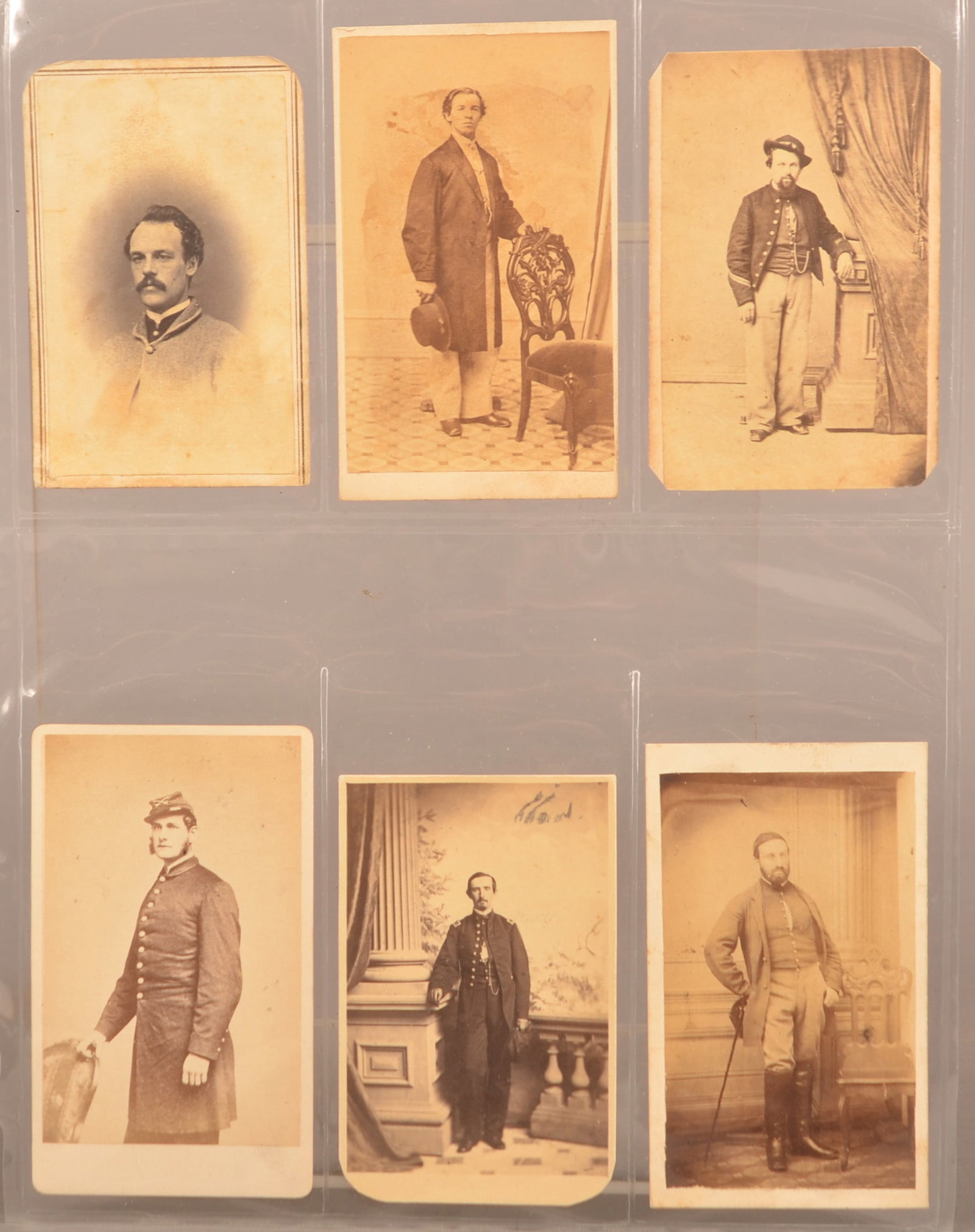6 Identified CDV's of Pa. Cavalry Soldiers: Each card has a handwritten information of name and rank of each soldier as well as their co. or regiment. Normal color toning and areas of light discoloration, overall fair to good condition.