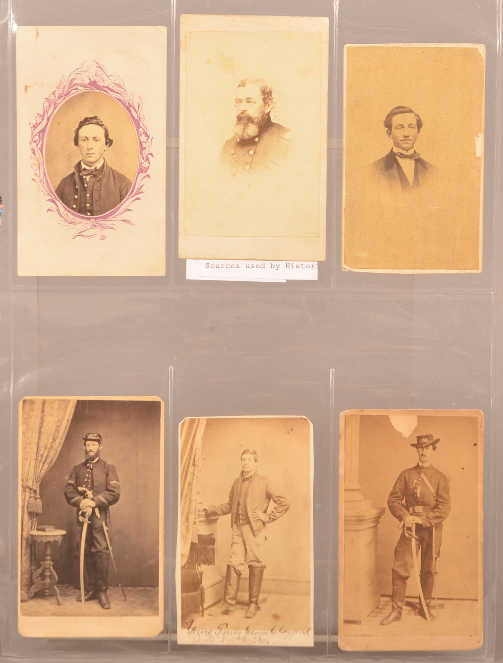 6 Identified CDV's of Pa. Cavalry Soldiers: Handwritten information on the back side giving names and ranks, members of the 9th, 6th and 8th Pa. Cavalry. Normal color, and signs of age, overall fair condition.
