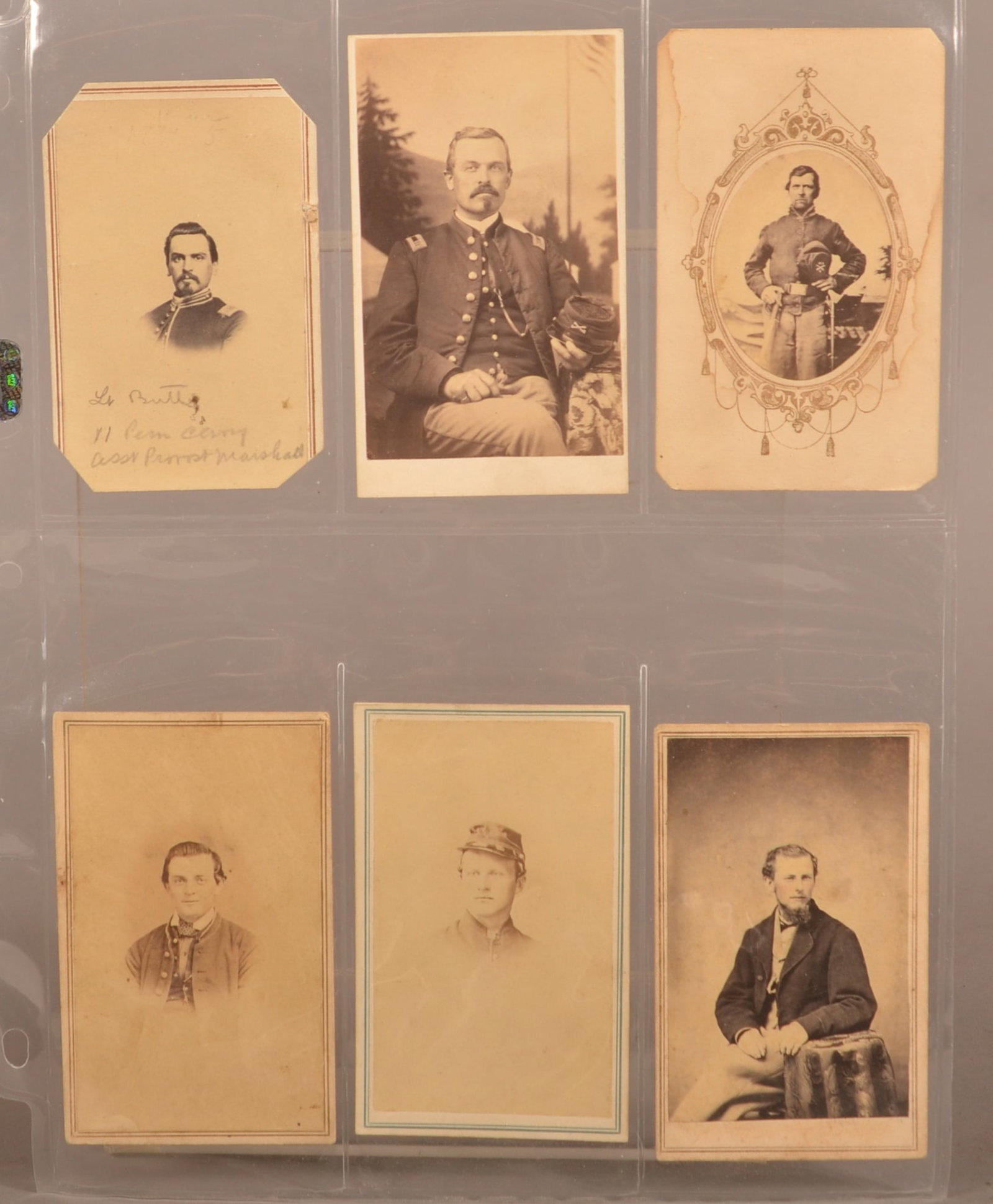 6 Identified CDV's of Pa. Cavalry Soldiers: Handwritten information on the back side giving names and ranks, members of the 9th and 11th Pa. Cavalry. Normal color, and signs of age, overall fair condition.