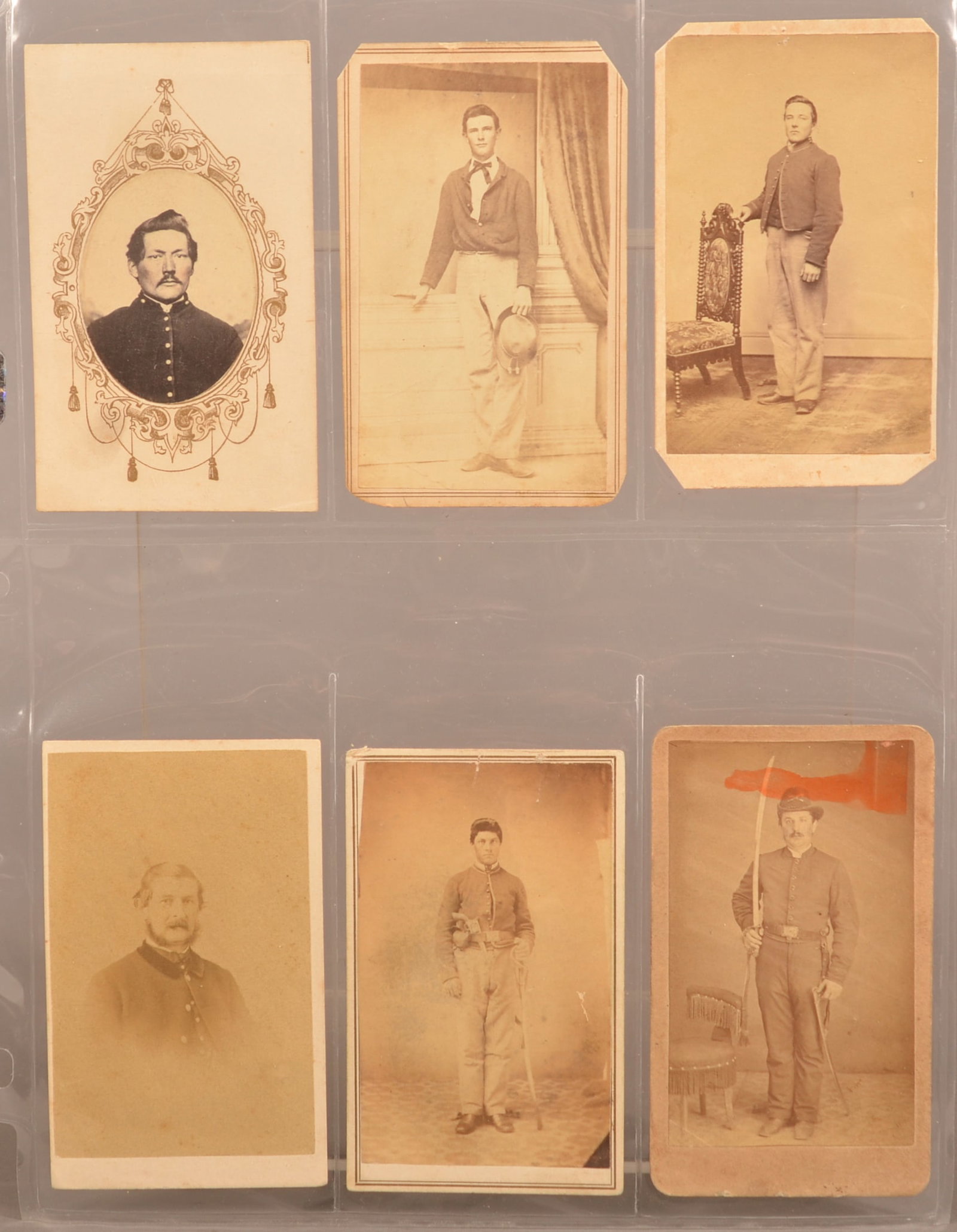 6 CDV's of Union Soldiers: Backmarked for assorted Pa. photographers, expected color toning and areas of staining with some cards having handwritten information. Overall fair condition.