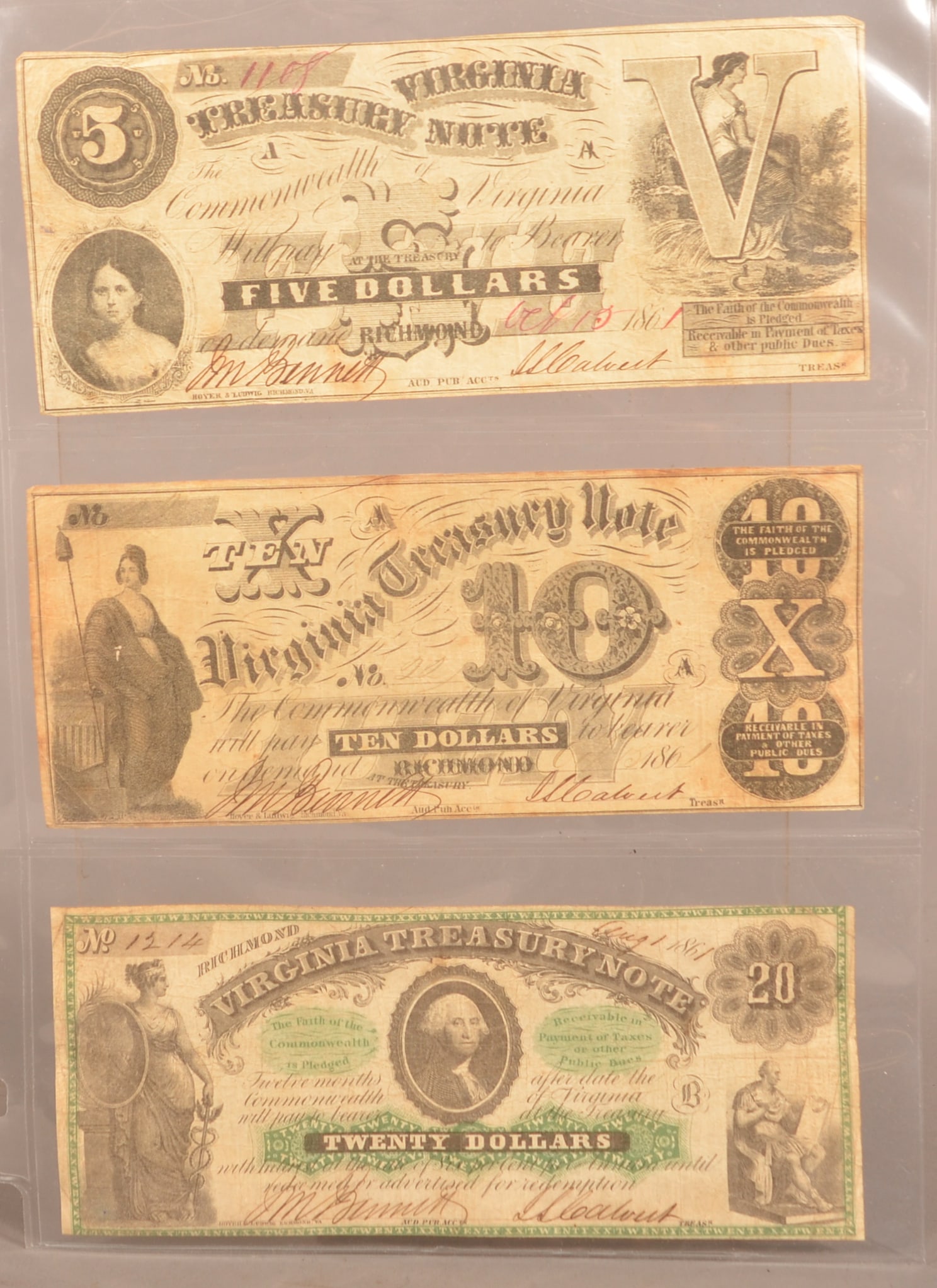 3 Virginia Treasury Notes: Dated 1861, expected color toning and age discoloration, shows small creases and expected wear, overall fair condition.