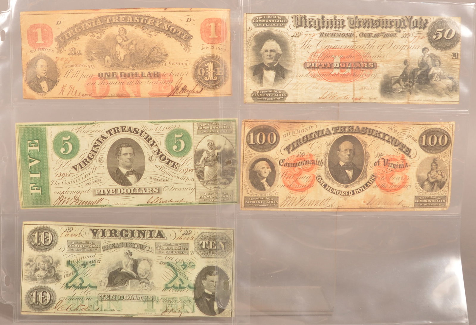 5 Virginia Treasury Notes: Dated 1862, expected color toning and age discoloration, shows small creases and expected wear, overall fair condition.