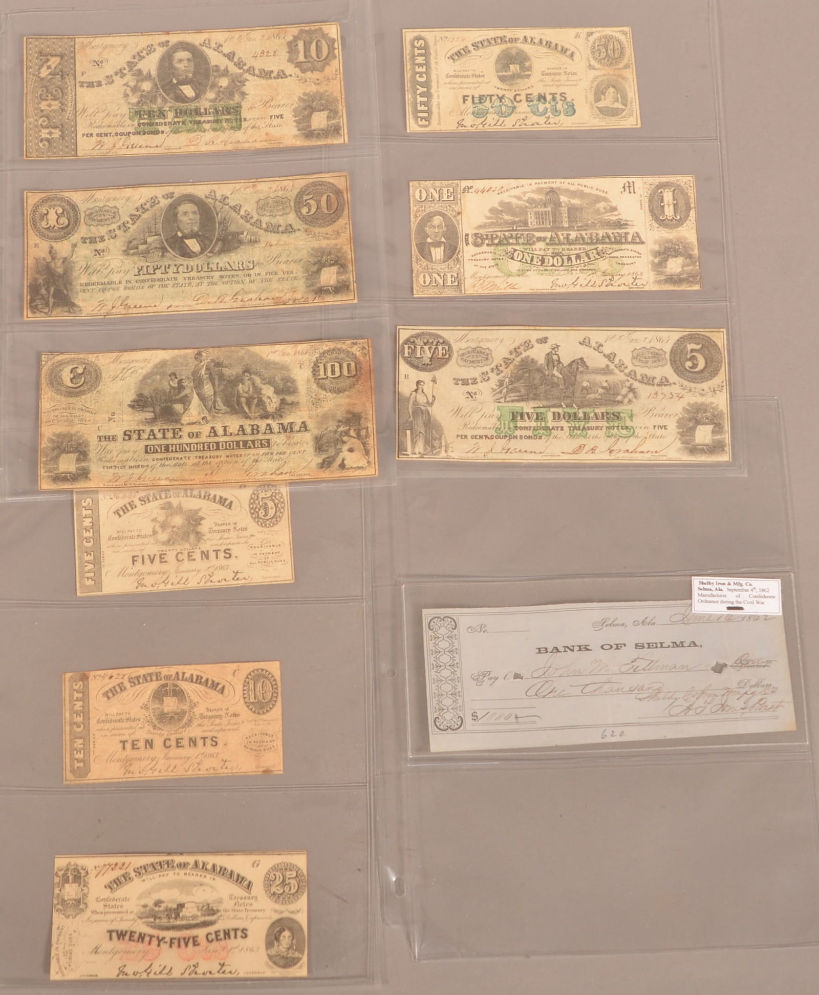 10 Confederate Alabama Banknotes: Expected color toning and age discoloration, shows small creases and folds, minor loss around the edges, overall fair condition.