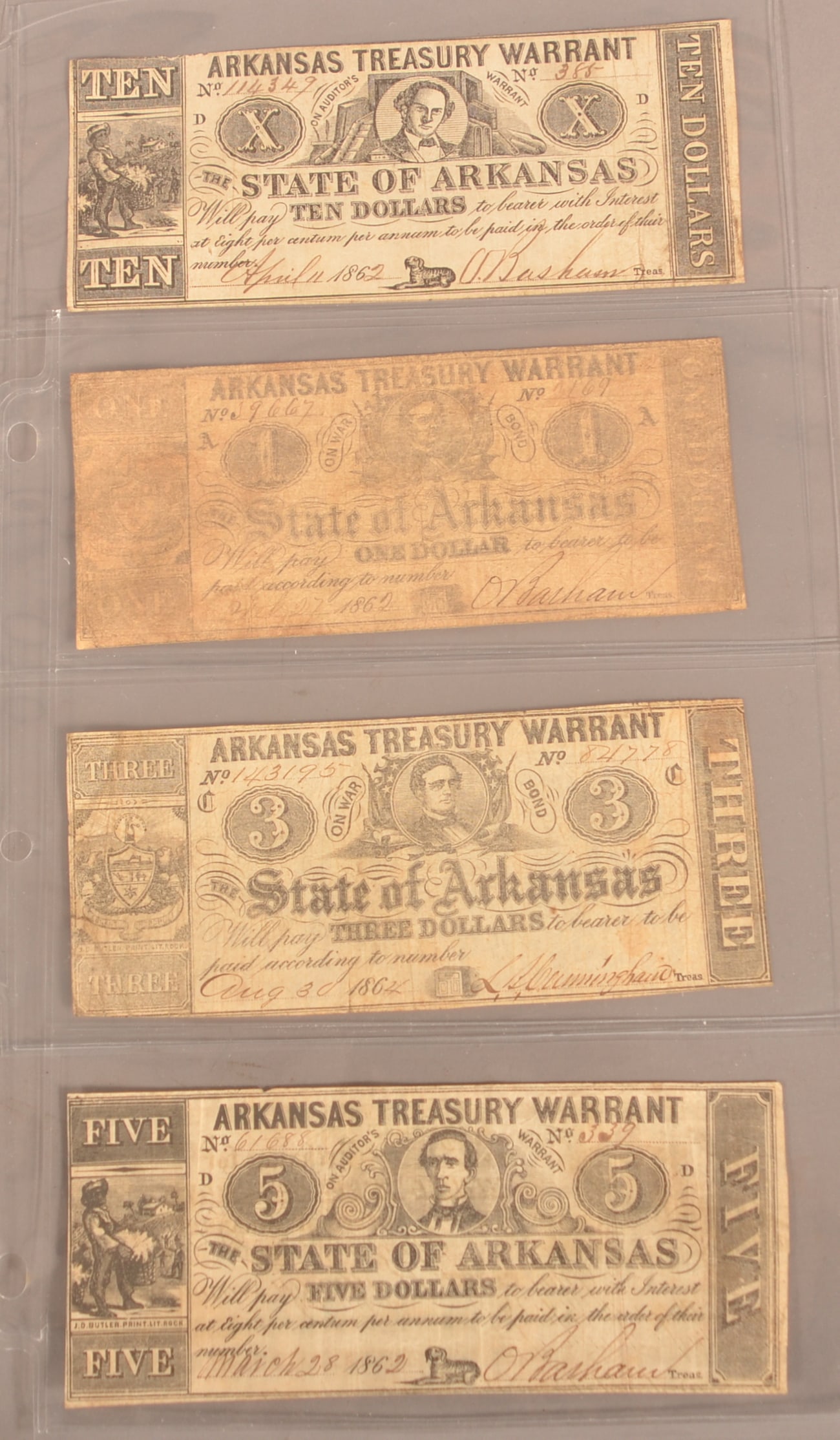 4 Confederate Arkansas Banknotes: Expected color toning and age discoloration, shows small creases and folds, minor loss around the edges, overall fair condition.