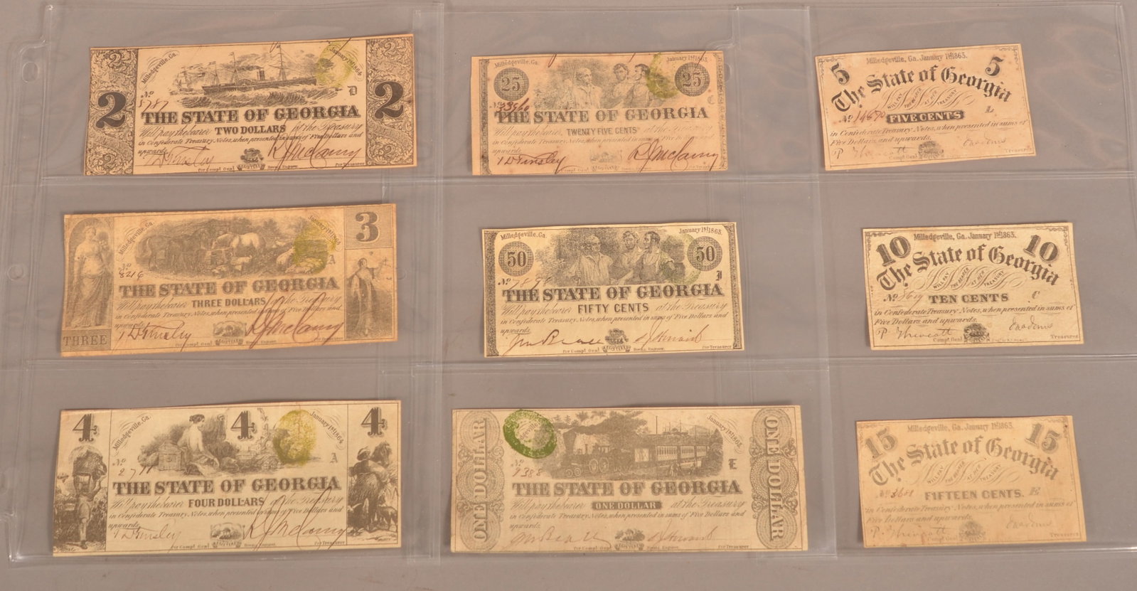 9 Confederate Georgia Banknotes: Expected color toning and age discoloration, shows small creases and folds, minor loss around the edges, overall fair condition.