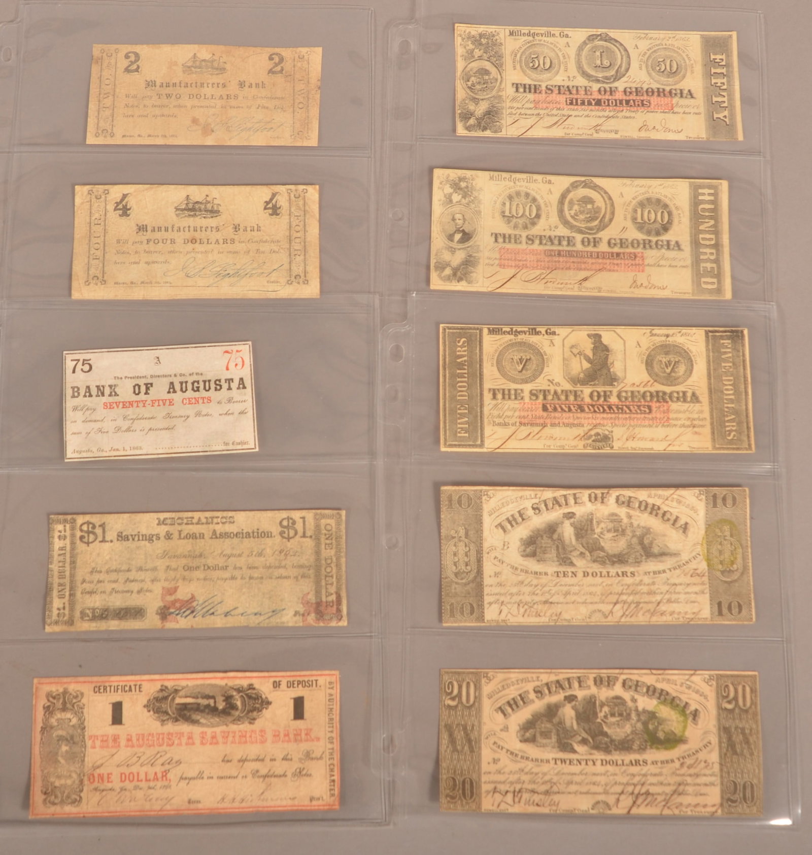 10 Confederate Georgia Banknotes: Expected color toning and age discoloration, shows small creases and folds, minor loss around the edges, overall fair condition.
