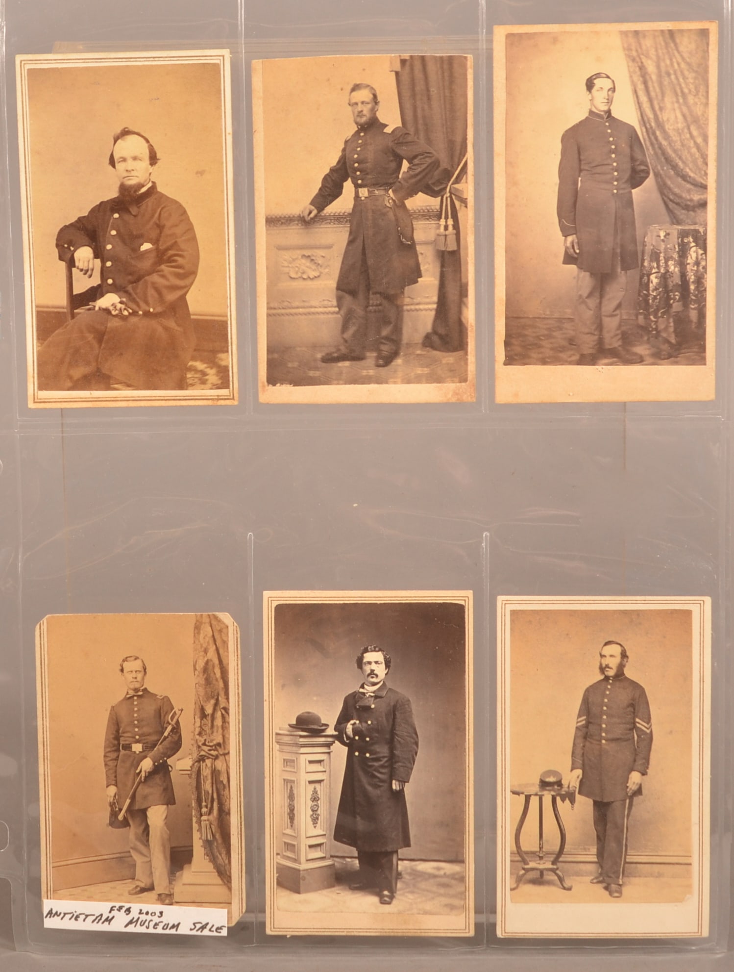6 CDV's of Unidentified Union Soldiers: Back marked for assorted New England photographers, clear images with minor color toning, normal wear on the outer edges of the card, overall fair condition.