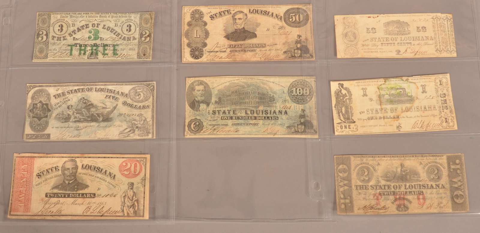 8 Confederate Louisiana Banknotes: Expected color toning and age discoloration, shows small creases and folds, minor loss around the edges, overall fair condition.