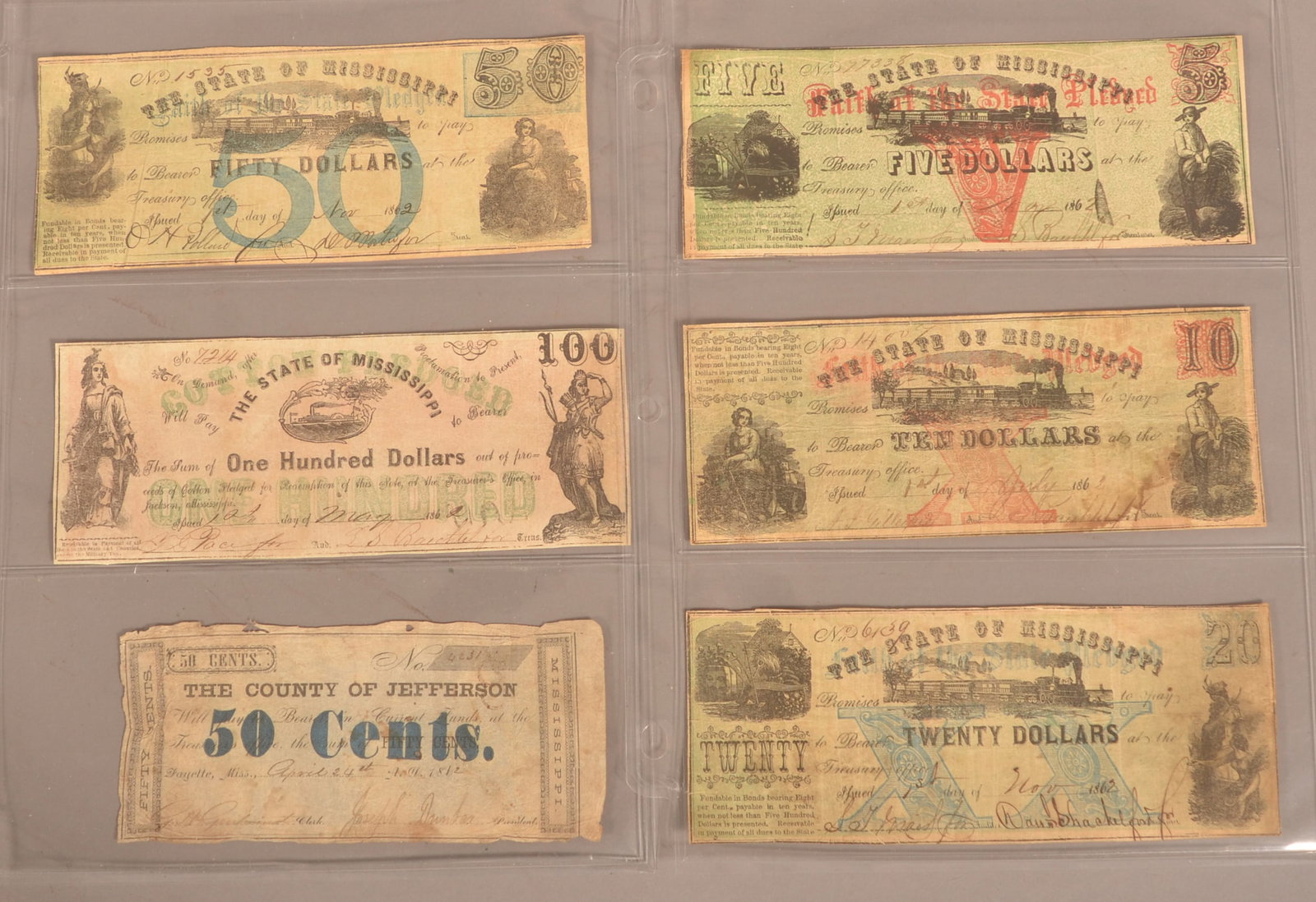 6 Confederate Mississippi Banknotes: Expected color toning and age discoloration, shows small creases and folds, minor loss around the edges, overall fair condition.