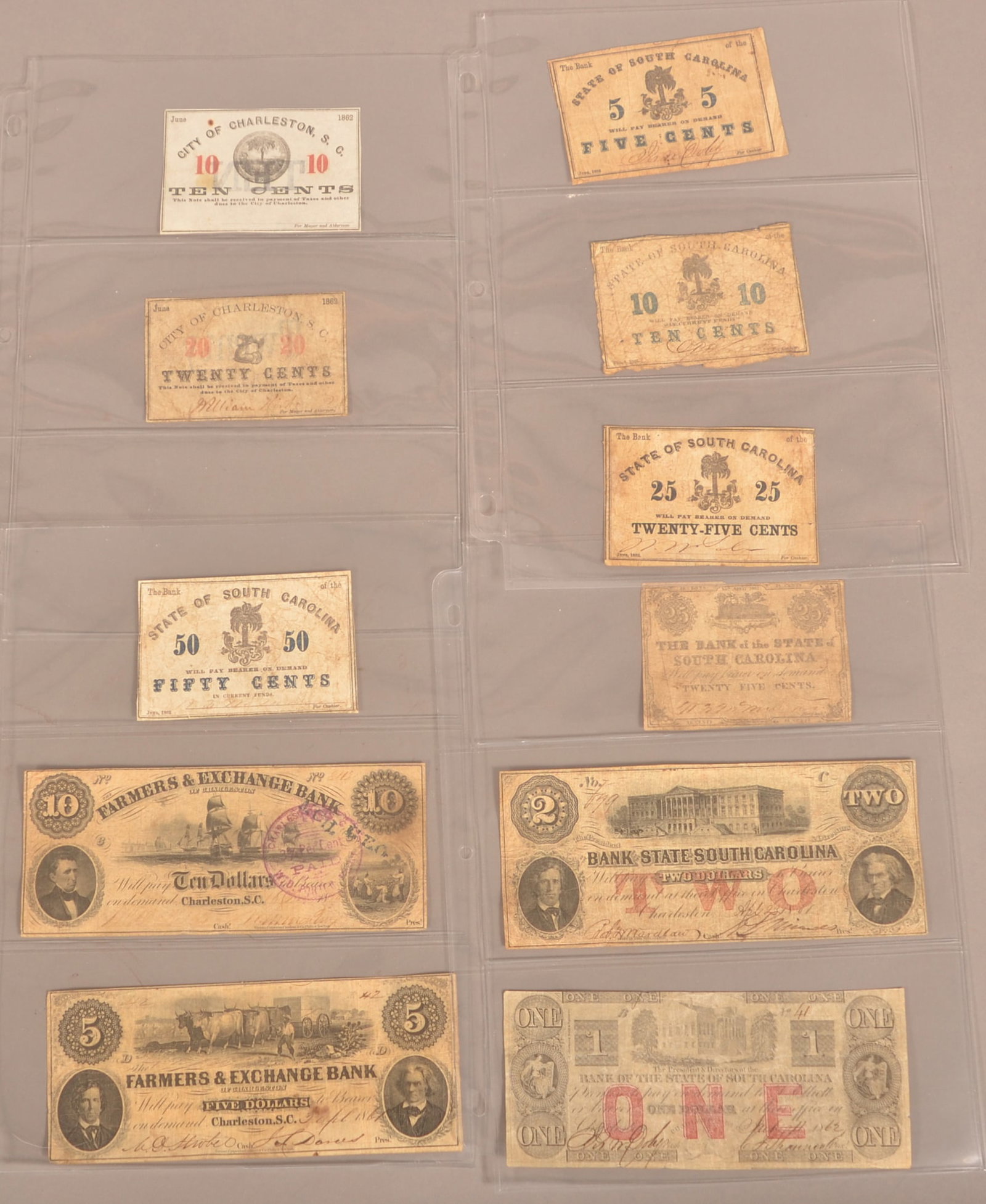 11 Confederate South Carolina Banknotes: Expected color toning and age discoloration, shows small creases and folds, minor loss around the edges, overall fair condition.