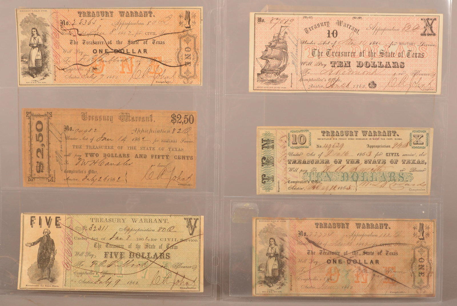 6 Texas Treasury Warrants: Handwritten signatures and dates, with some notes having a handwritten X over top the notes, expected creases and folds with some having loss around the edges, overall fair condition.