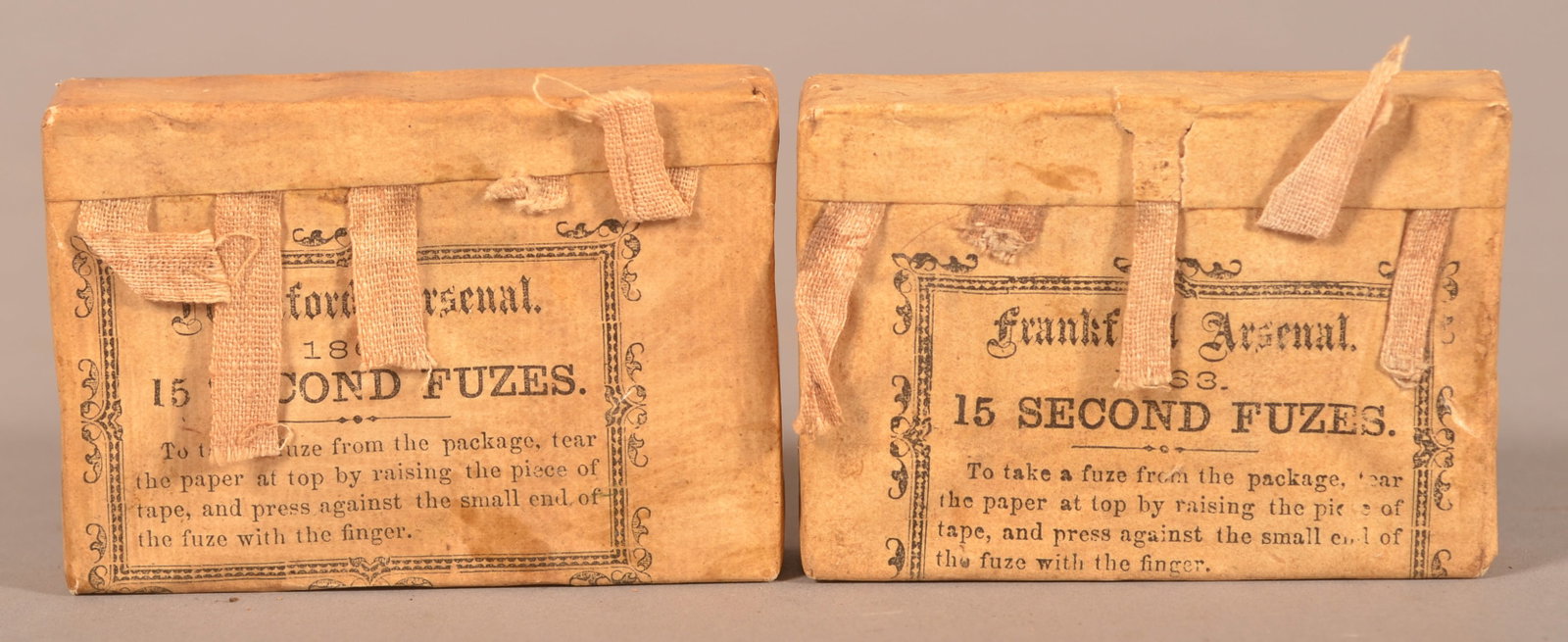 2 Frankford Arsenal 15-Second Fuses: Two unopened packs dated 1863, normal age discoloration and wear.