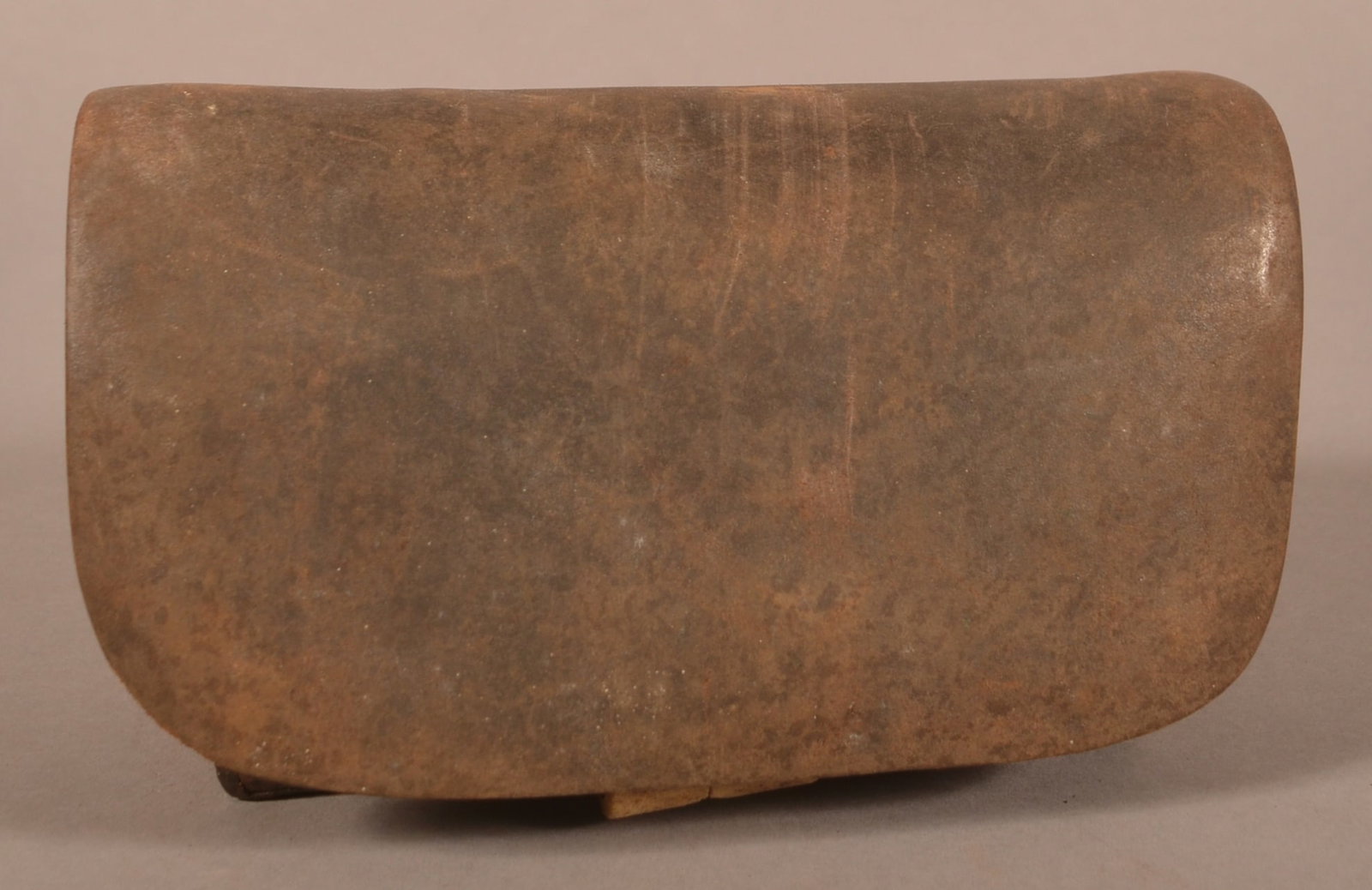 Pattern 1860 Enfield Cartridge Box: Black leather construction with a white leather latch that is age discolored and stained, tins are present and the soldered joints are becoming unattached, missing a roller buckle with strap, missing 