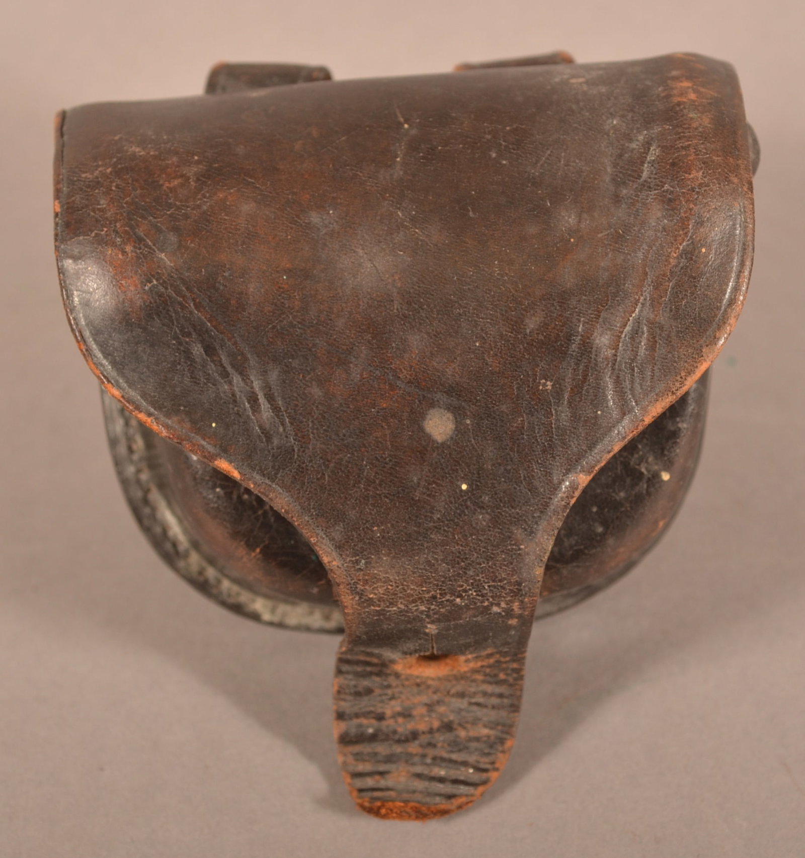 Longley & Co. Percussion Cap Box: Clear maker's marks, original wool is present, intact stitching and belt loops, normal age crazing, finish loss and wear, overall fair condition.