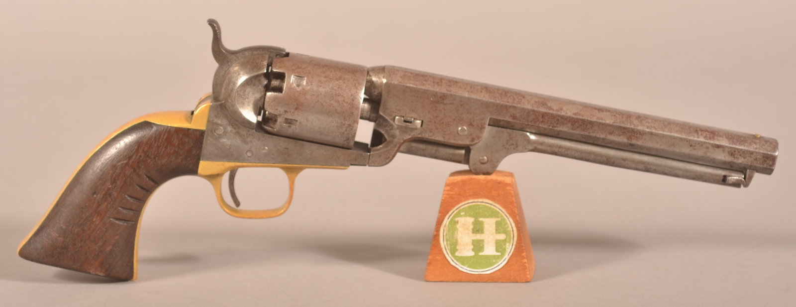 Colt mod. 1851 Navy Revolver: SN 109447, All visible matching serial numbers, top barrel flat marked "ADDRESS SAM L COLT NEW YORK CITY" Colt's patent marked on the frame under the cylinder, brass trigger guard and back strap, 7-1/