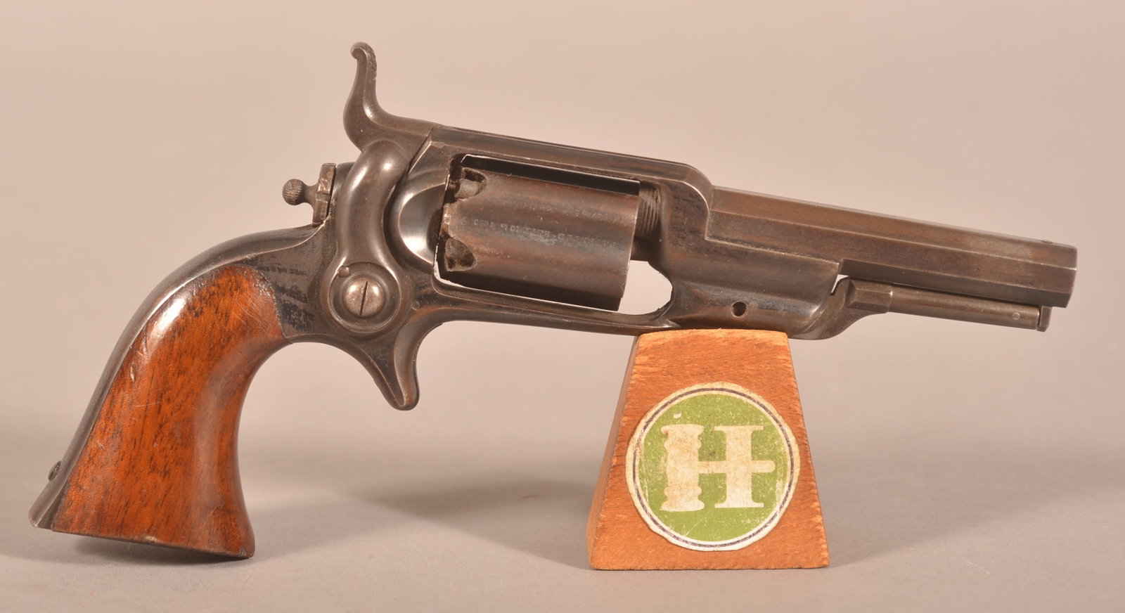 Colt 1855 "Root" Sidehammer Pocket Revolver: SN 609, .28 cal., model 3 design with fluted cylinder, standard Colt 2-line markings on the barrel and dated 1855, 3-1/2" octagon barrel, correct-working action, checkered hammer spur, loss to the hee