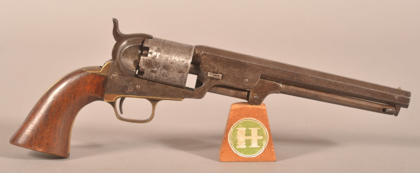 Metropolitan Arms .36 cal. Navy Revolver: SN 6773, Copy of the Colt Navy revolver, Metropolitan started production after Colt's production was interrupted by the fire of 1864, matching visible serial numbers, worn and faded engraving on the c