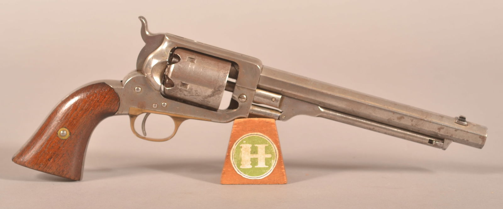 Whitney Second mod. .36 cal. Navy Revolver: SN 9877, Very faint, barely visible, engraved cylinder, iron frame with all original finish being removed, correct-working action, brass trigger guard with smooth walnut grip panels, top barrel flat s