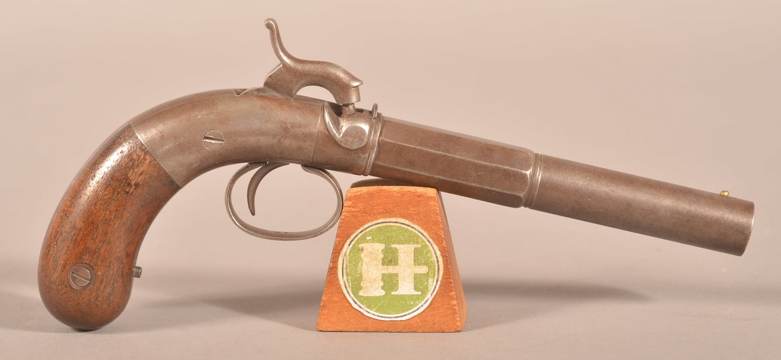 Allen & Thurber .36 cal. Percussion Pistol: 5" octagon to round barrel, original metal finish has been removed with white highlights applied to the markings, correct-working trigger and hammer, smooth walnut grip panels, dark oxidation spots an