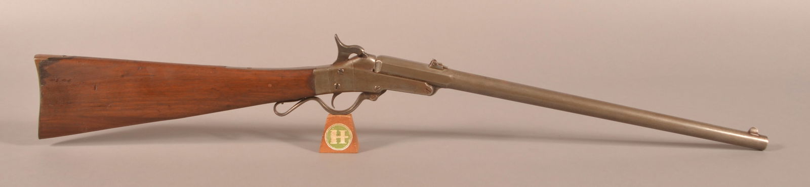 Mass. Arms Co. 2nd Model .50 cal. Carbine: SN 4055, Maynard patent breech loading percussion carbine, serial number is located under the load lever, standard markings on both sides of the frame with "G.W.S." inspectors mark appearing on the ri