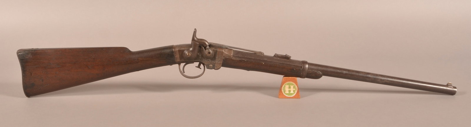 Poultney & Trimble .50 cal. Carbine: NSF, Correct-working hammer and release assembly, standard markings on the receiver with widespread pitting making some markings illegible, blade front sight with ladder rear, straight grip walnut sto