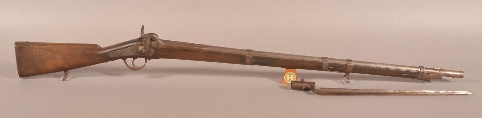 P.J. Malherbe & Co. .62 cal. Percussion Musket: SN 363, Manufactured in Liege Belgium having Liege proof marks, .62 caliber having a 35-1/2" barrel that is missing the rear sight, correct-working hammer and trigger, numbers matching with bayonet, f