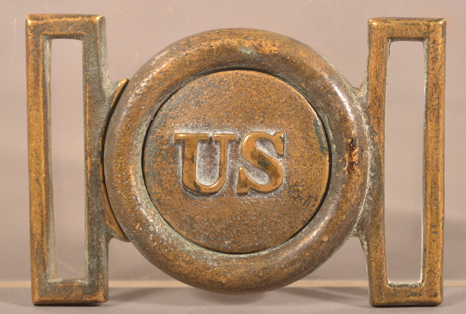 Pattern 1839 Artillery Belt Plate: Having 2 dots punched on the reverse side of the belt loops as assembly numbers, cast brass construction with an untouched, aged patina, example can be found in American Military Belt Plates by O'Donn