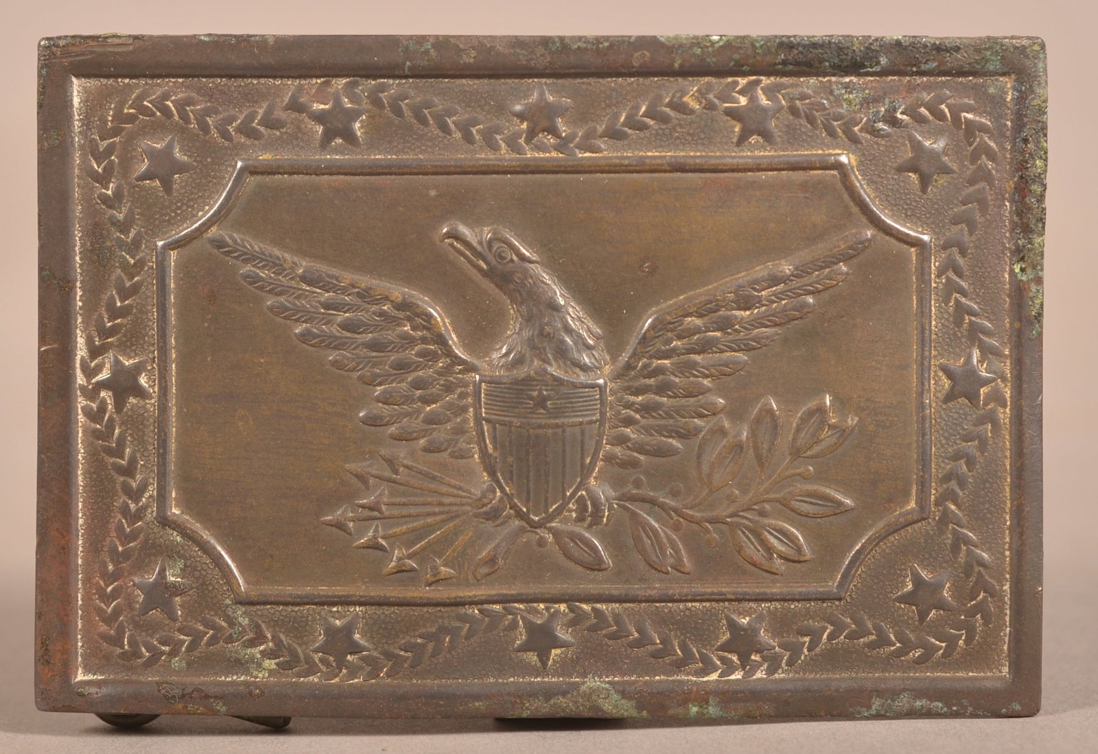 Militia Panel Waist Belt Plate: Brass die-struck construction with an applied tongue and belt loop bar, missing one keeper, faded and worn aged finish with pressure dents appearing around the edges, overall fair condition.