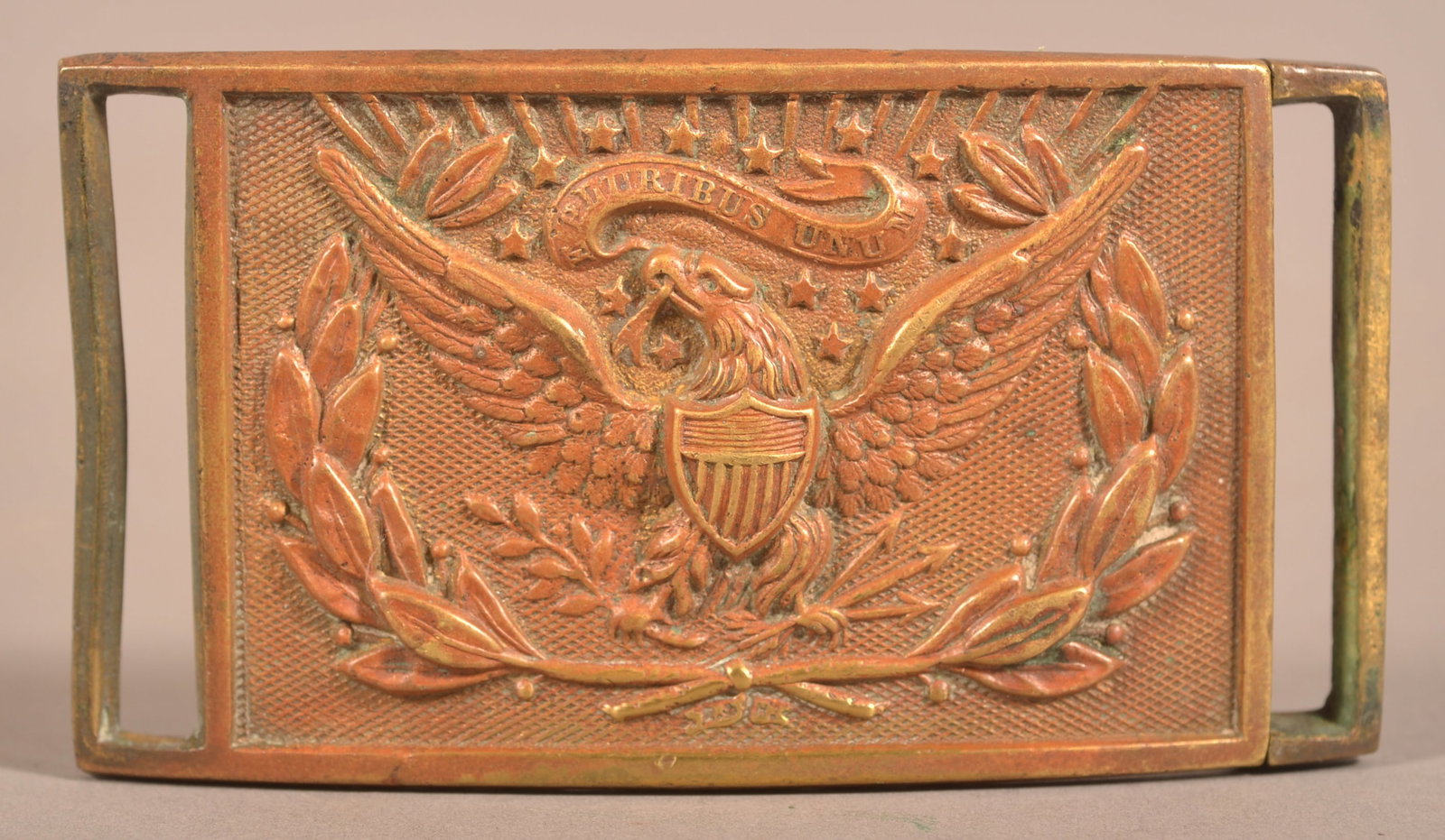 Evans & Hassall Pattern 1851 Officers Belt Plate: Cast brass construction with clear makers mark on the reverse side, visible "25" benchmark on the belt loop, a few minor strike marks on the face, faded and aged finish, overall fair condition.