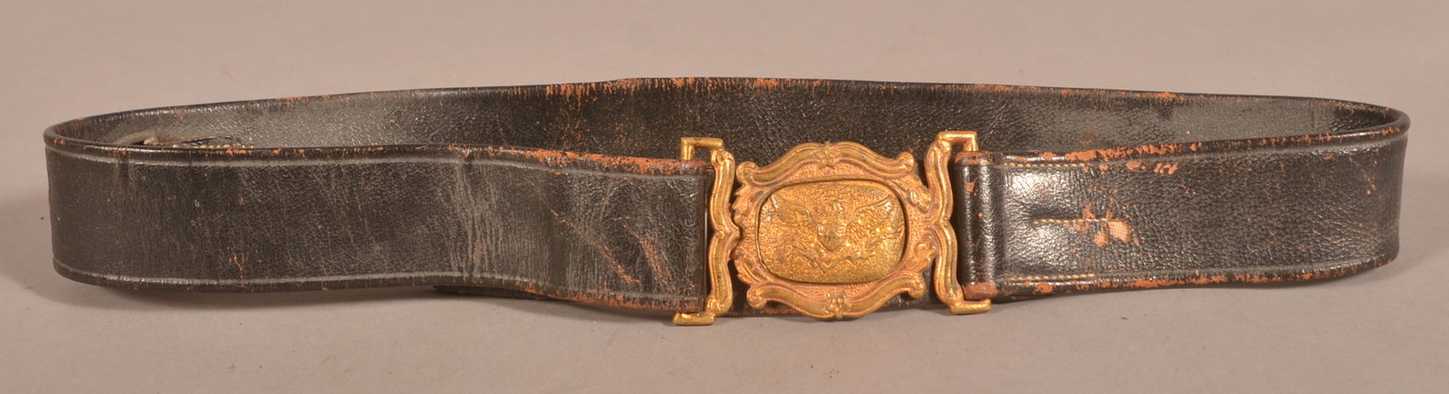Militia Officer's Belt with Buckle: 1-1/2" wide belt that shows age crazing, cracks and finish flaking, leather is somewhat stiff but is still pliable, inside of belt is marked A.W. Pollard with clear maker's mark, gilt- plated 2-piece 