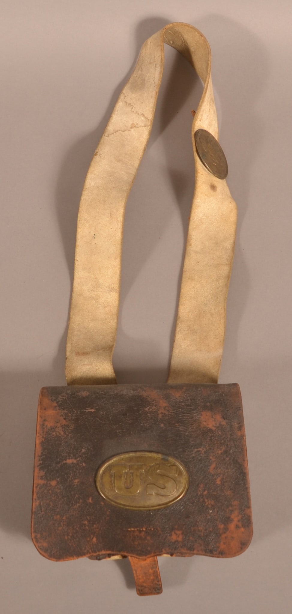 Cartridge Box with Shoulder Strap and Breast Plate: R. Dingee model 1839 cartridge box with buff leather shoulder strap with regulation 1826 shoulder plate, shoulder plate does not have any visible makers marks, intact stitching on the cartridge box wi