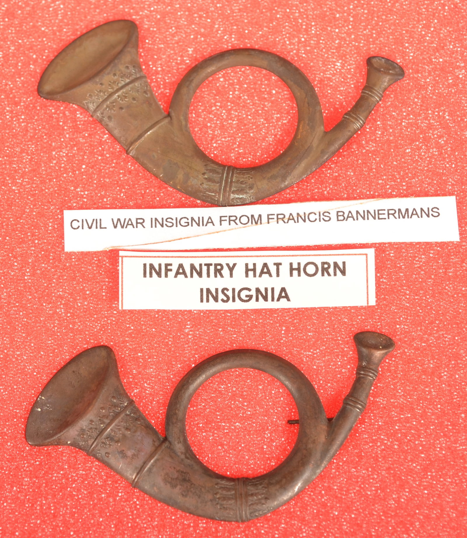 Infantry Horn Insignia Cap Badges: Faded and aged finishes, overall fair condition.
