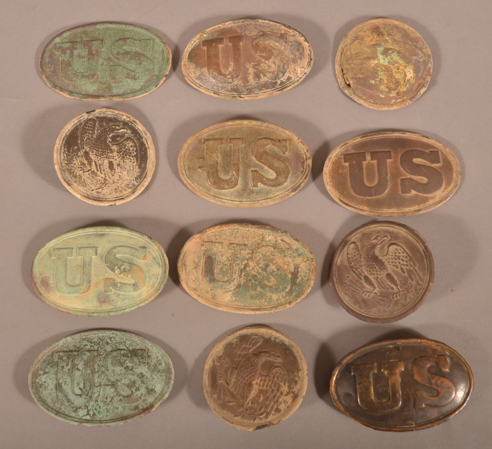 Grouping of Relic Belt, Box, and Shoulder Plates: Consignor has handwritten provenance on where they were recovered, as-found dug, relic condition.