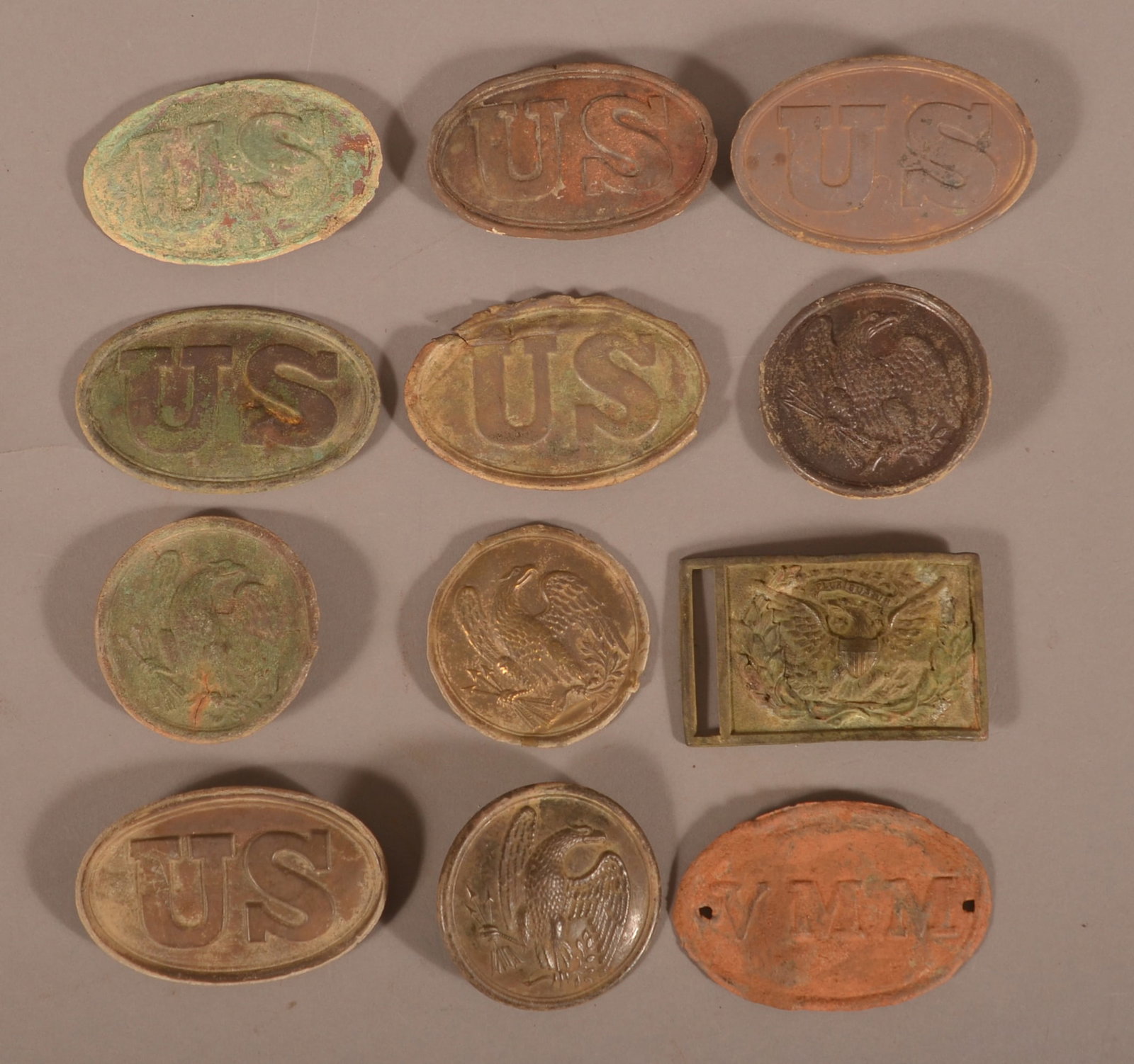 Grouping of Relic Belt, Box and Shoulder Plates: As-found dug, relic condition. Consignor has handwritten information on where they were recovered.
