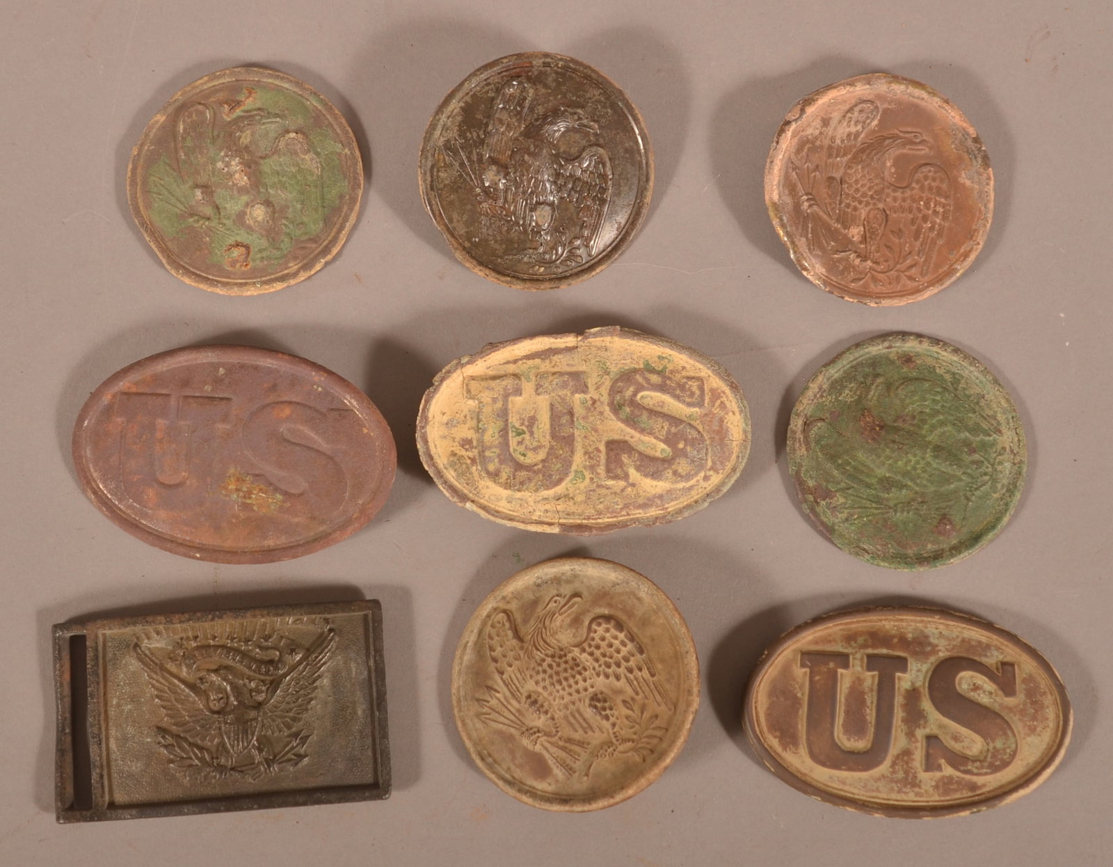 Grouping of Relic Belt, Box and Shoulder Plates: As-found dug, relic condition, the consignor has handwritten provenance on where they were recovered.