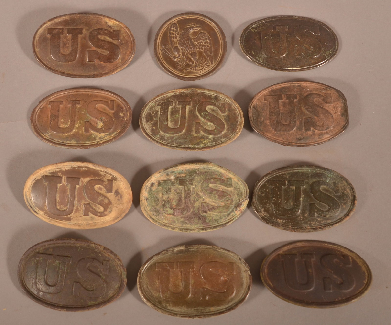 Grouping of Relic Belt, Box, and Shoulder Plates: As-found dug, relic condition with consignor noting where they were recovered.