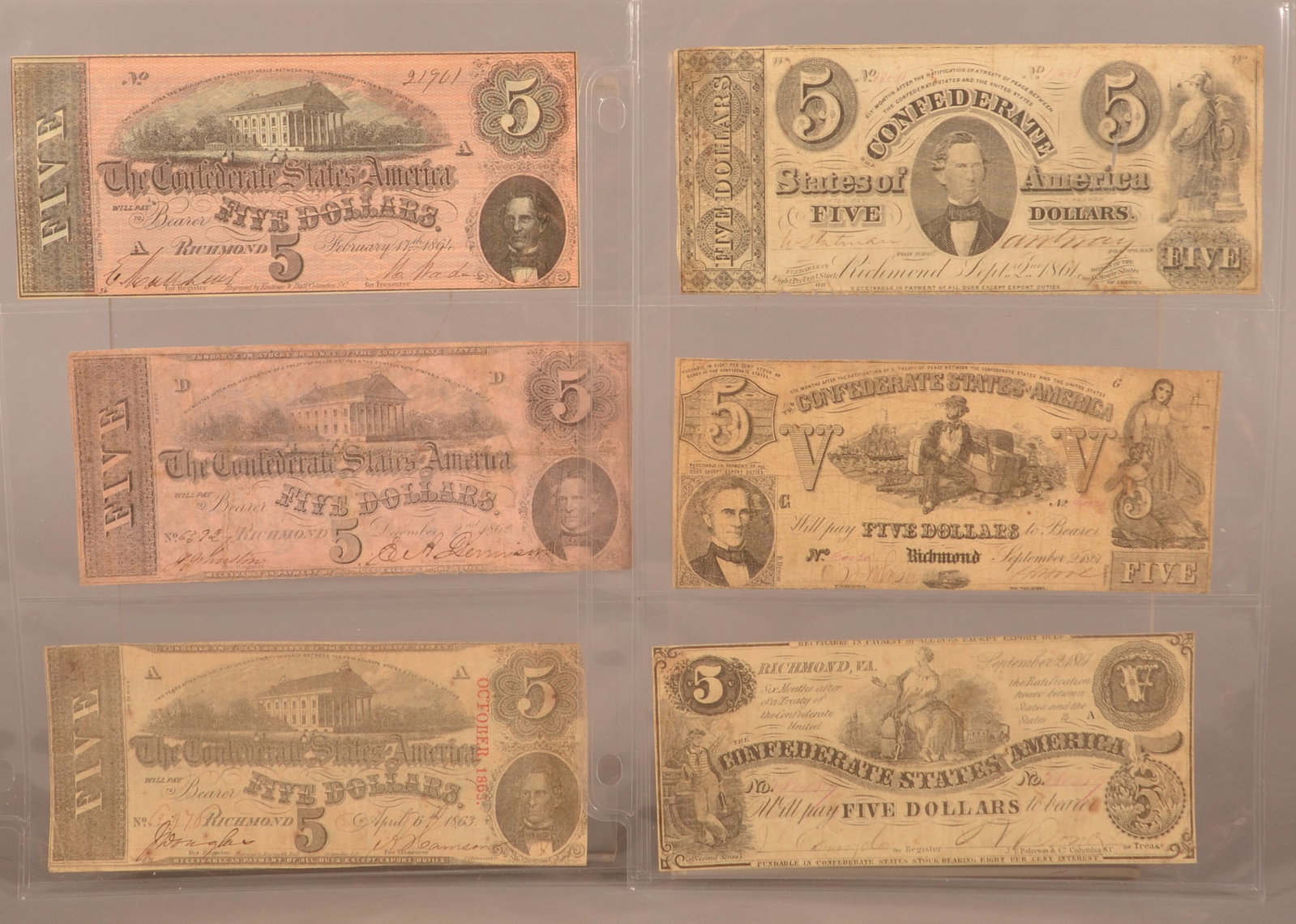 6 Confederate $5 Bills: Handwritten treasury signatures, with some having handwritten serial numbers, color toning with creases and folds, areas of loss and small separations around the edges, overall fair to poor condition.