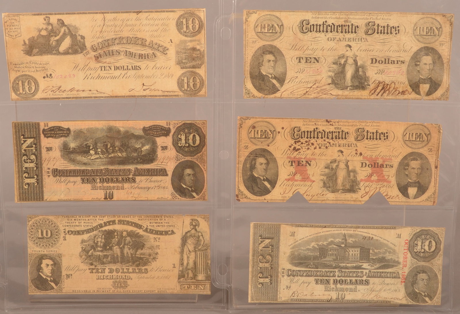 6 Confederate $10 Bills: Handwritten treasury signatures and serial numbers, color toning and fading, some bills are showing foxing, edges have roughness and loss around the edges with some having clippings, overall fair cond