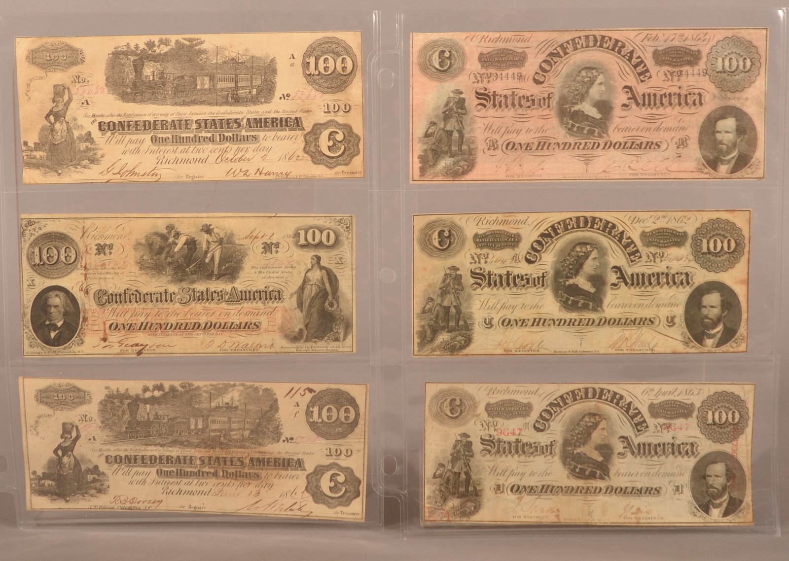 6 Confederate $100 Bills: Handwritten treasury signatures and serial numbers, color toning and fading, some bills are showing foxing, edges have roughness and loss around the edges, overall fair condition.