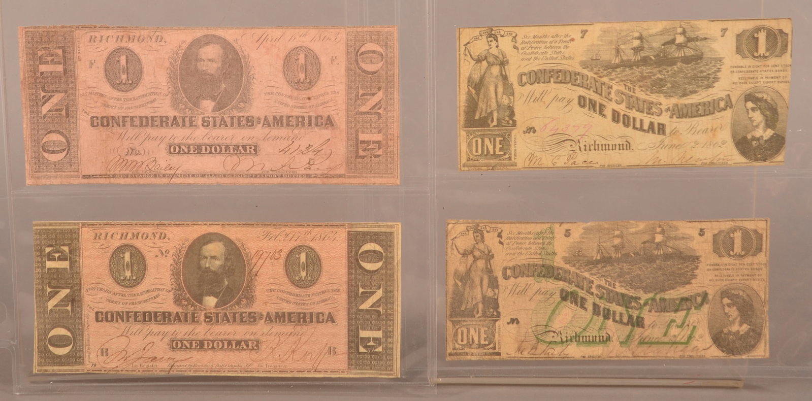 4 Confederate $1 Bills: Handwritten treasury signatures and serial numbers, expected color fading and toning, some bills are showing foxing, small separations and loss around the edges, showing creases and folds, overall fai