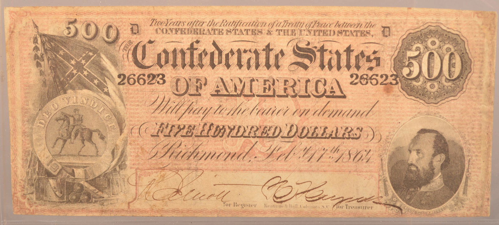 Confederate $500 Note: Serial number 26623, series Feb. 17th 1864, handwritten treasury signature, expected color toning, minor roughness on the outer edges, areas of small staining spots, showing creases and folds, overall