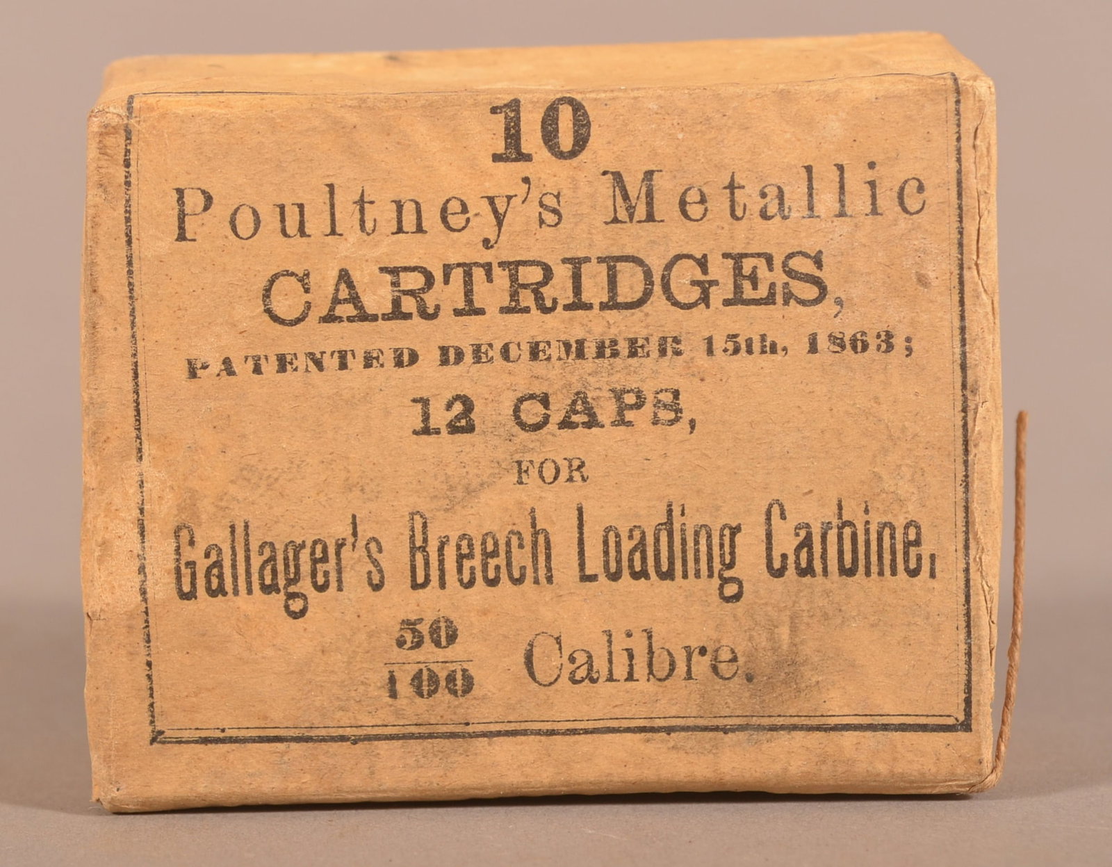 Unopened Box of 50 Gallagher Metallic Cartridges: Label reads "10 Poultney's Metallic CARTRIDGES, PATENTED DECEMBER 15th 1863, 12 CAPS FOR Gallager's Breech Loading Carbine 50/100 Calibre", minor color fading and wear, overall good condition consider