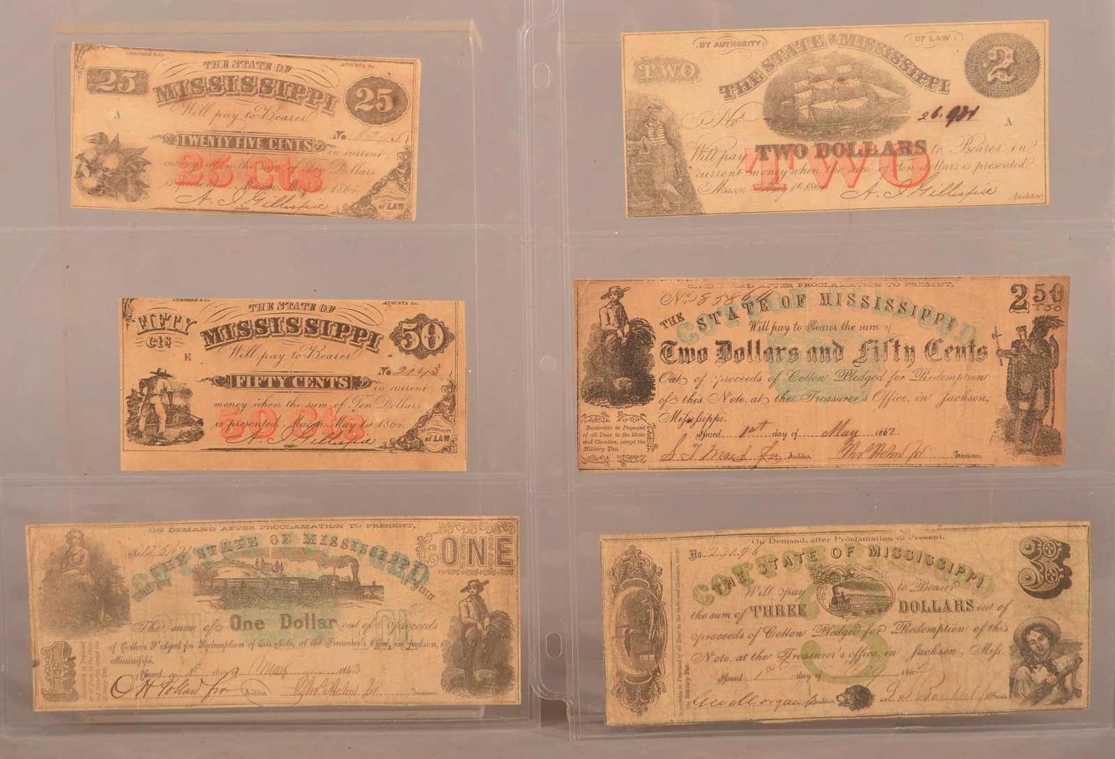 6 Mississippi Confederate Banknotes: With 4 having handwritten treasury signatures, with all having handwritten serial numbers, expected color toning and signs of age, expected creases and folds with roughness on the outer edges, ranging