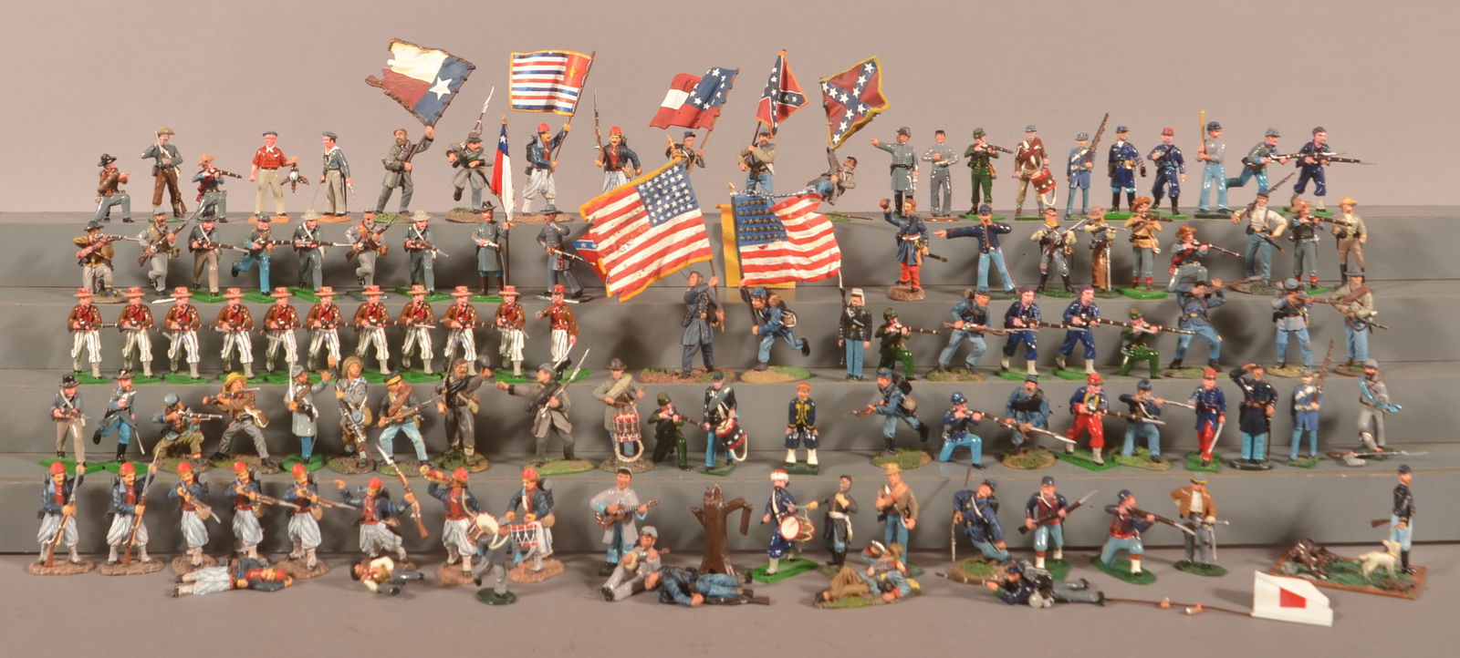 Large Assortment of Cast Lead Civil War Soldiers: Averaging 2-1/2" tall, marked Trophy miniatures, Conte, King and Country, and unsigned, assumed detail loss and small paint chips, overall good condition.