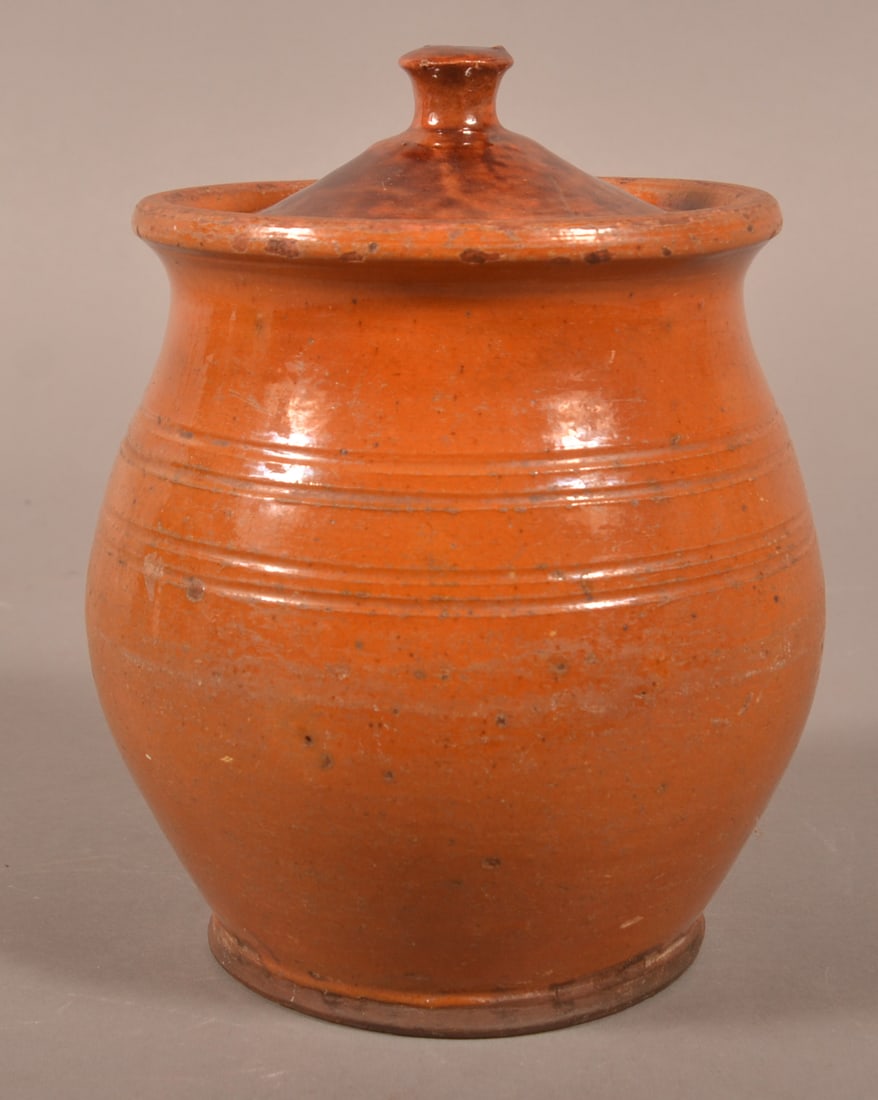 19th C. Orange Glazed Redware Covered Jar. (1 of 5)