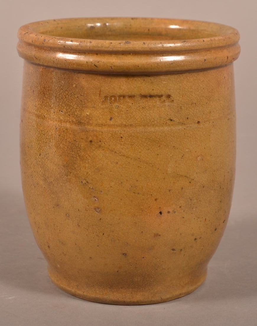 John Bell Glazed Redware Storage Jar.: John Bell Glazed Redware Storage Jar. Square molded rim and bulbous body. 5-1/2"h.
