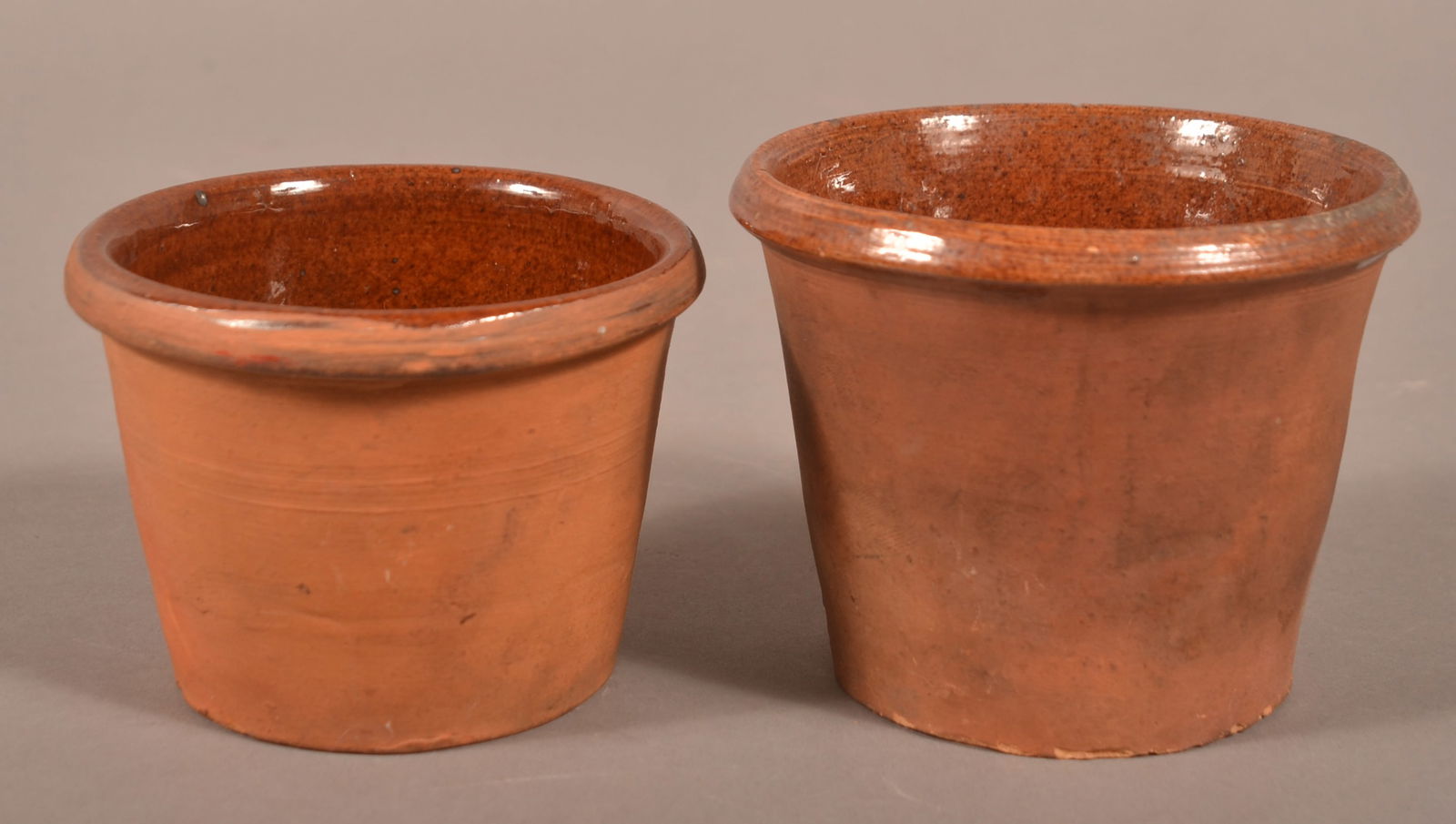 Two Adams Co., PA Redware Storage Jars.: Two Adams Co., PA Interior Glazed Redware Storage Jars. Smaller incised on bottom "Solomon Miller July 25, 1887". 2-3/4"h. and 3-1/4"h.