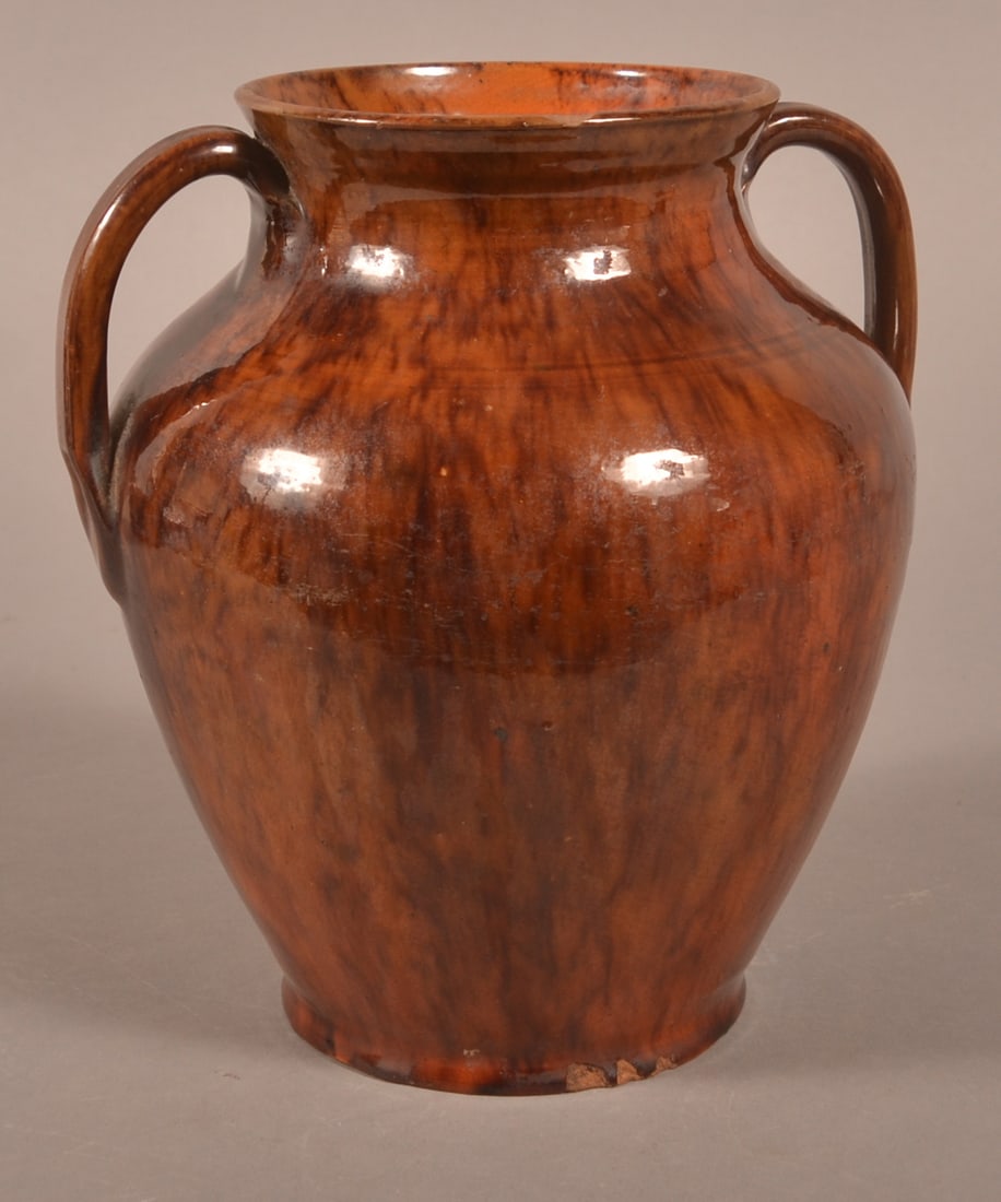 Adams Co., PA Glazed Redware Double-Handled Vase.: Adams Co., PA Glazed Redware Double-Handled Vase. Incised "Made by Solomon Miller, Hampton, Adams Co., PA, November #3, 1881" on base. 8-1/4"h.